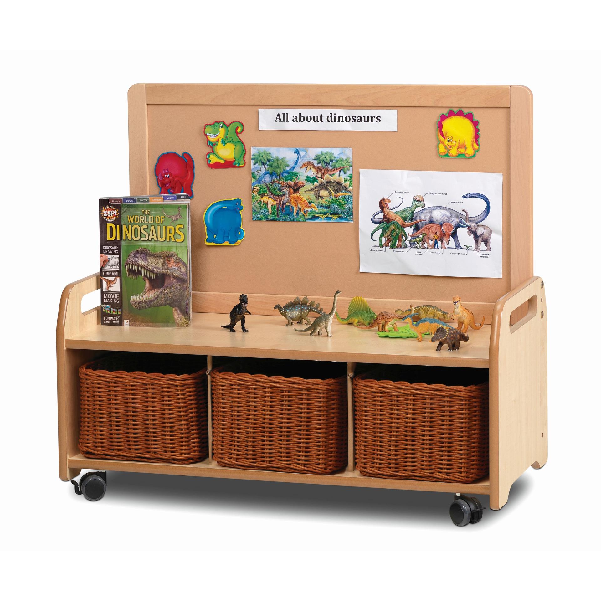A Mobile Low Display Storage Unit with 3 Baskets has a dinosaur display on top.