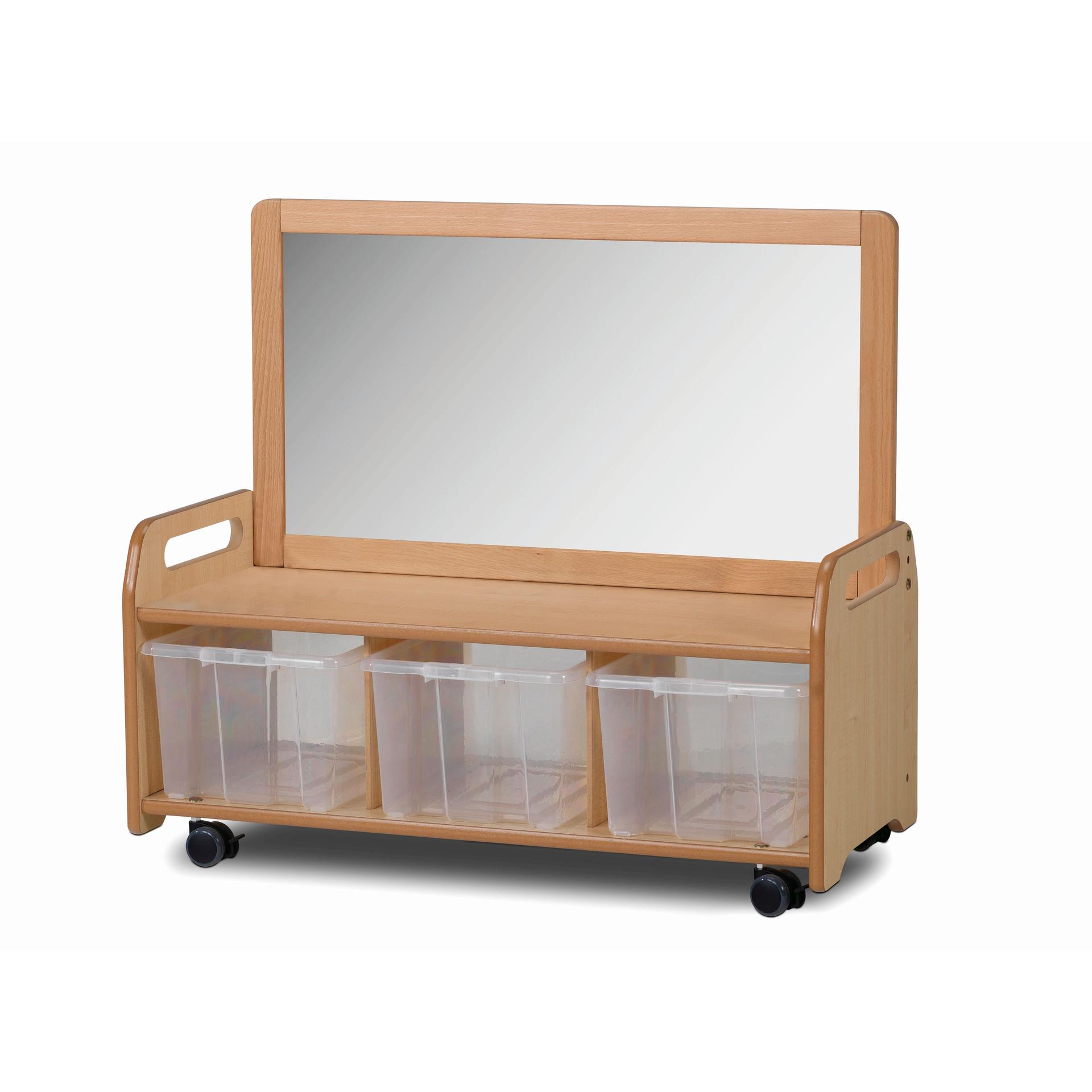 A Mobile Mirror Storage Unit with 3 Clear Tubs, with a white background.