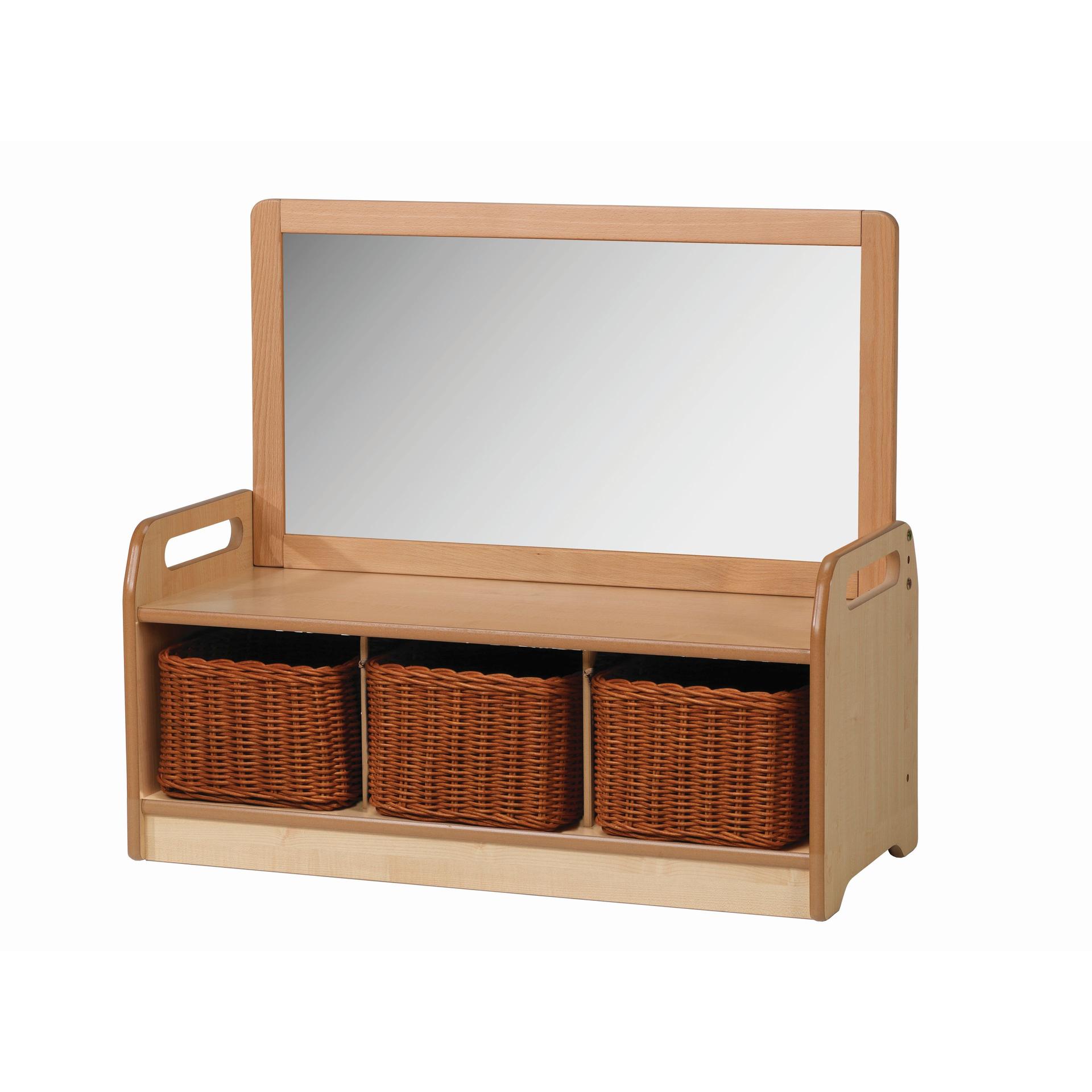 A Low Mirror Storage Unit with 3 Baskets, with a white background. 