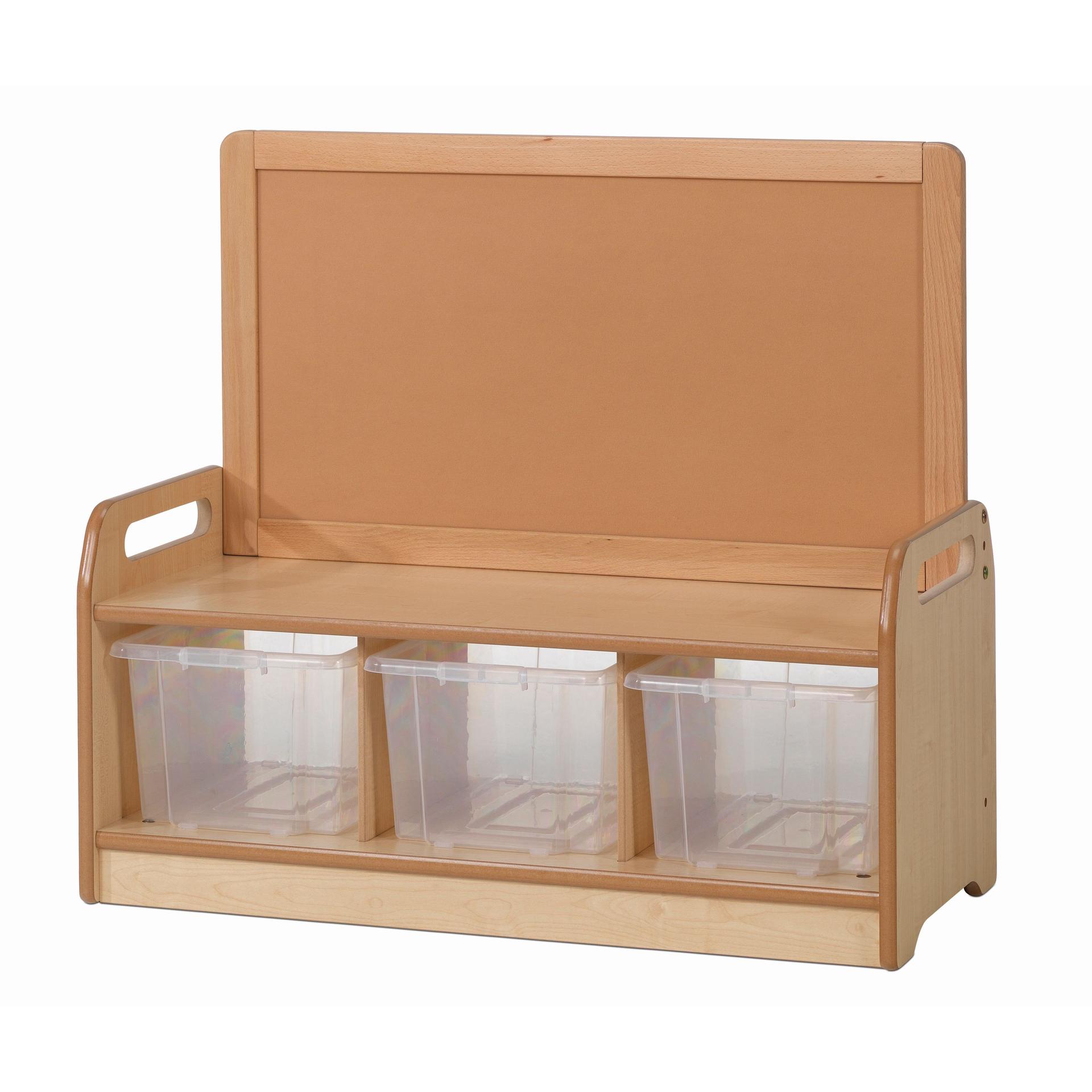 A Low Display Storage Unit with 3 Clear Tubs, with a white background.