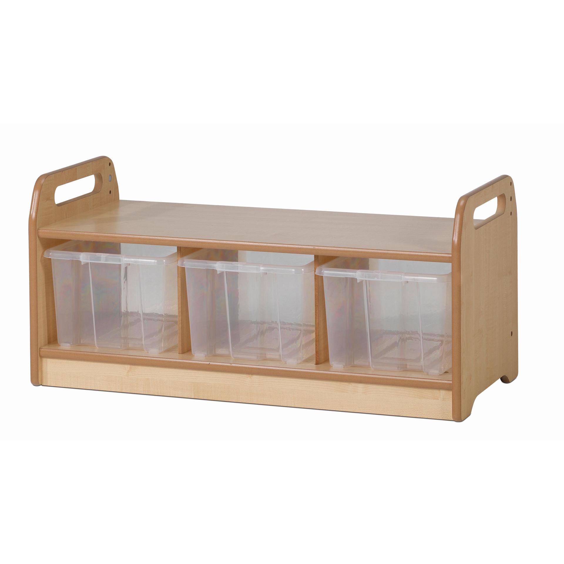 An empty Low Level Storage Bench with 3 Clear Tubs on a white background.