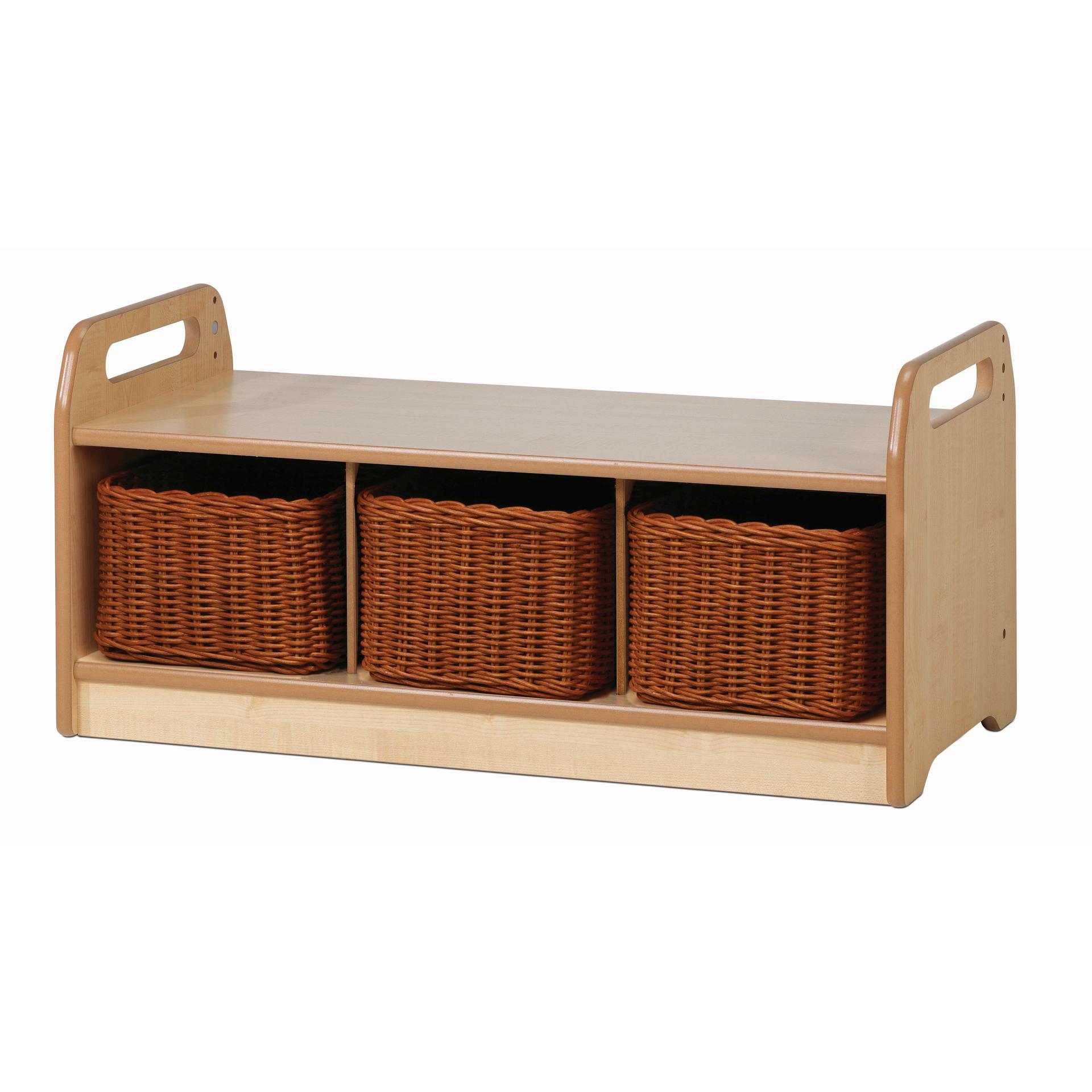 An empty Low Level Storage Bench with 3 Baskets on a white background.