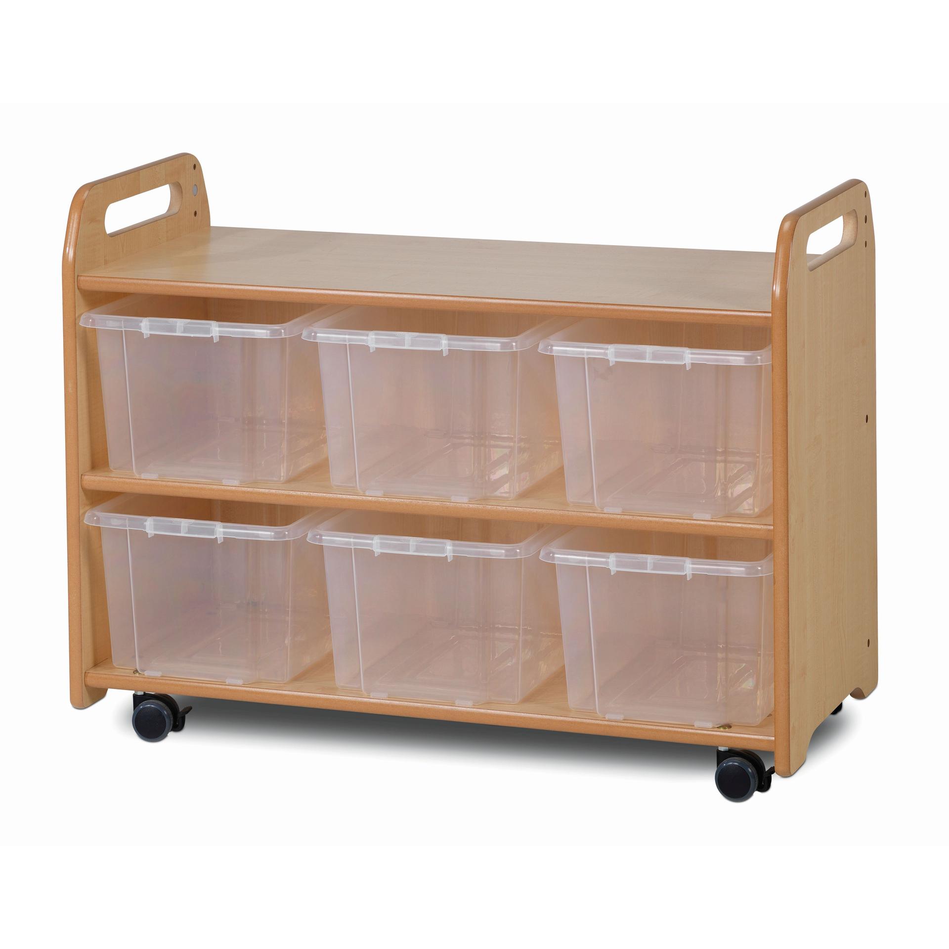 An empty Mobile Shelf Unit with Display/Mirror Back and 6 Clear Tubs on a white background.