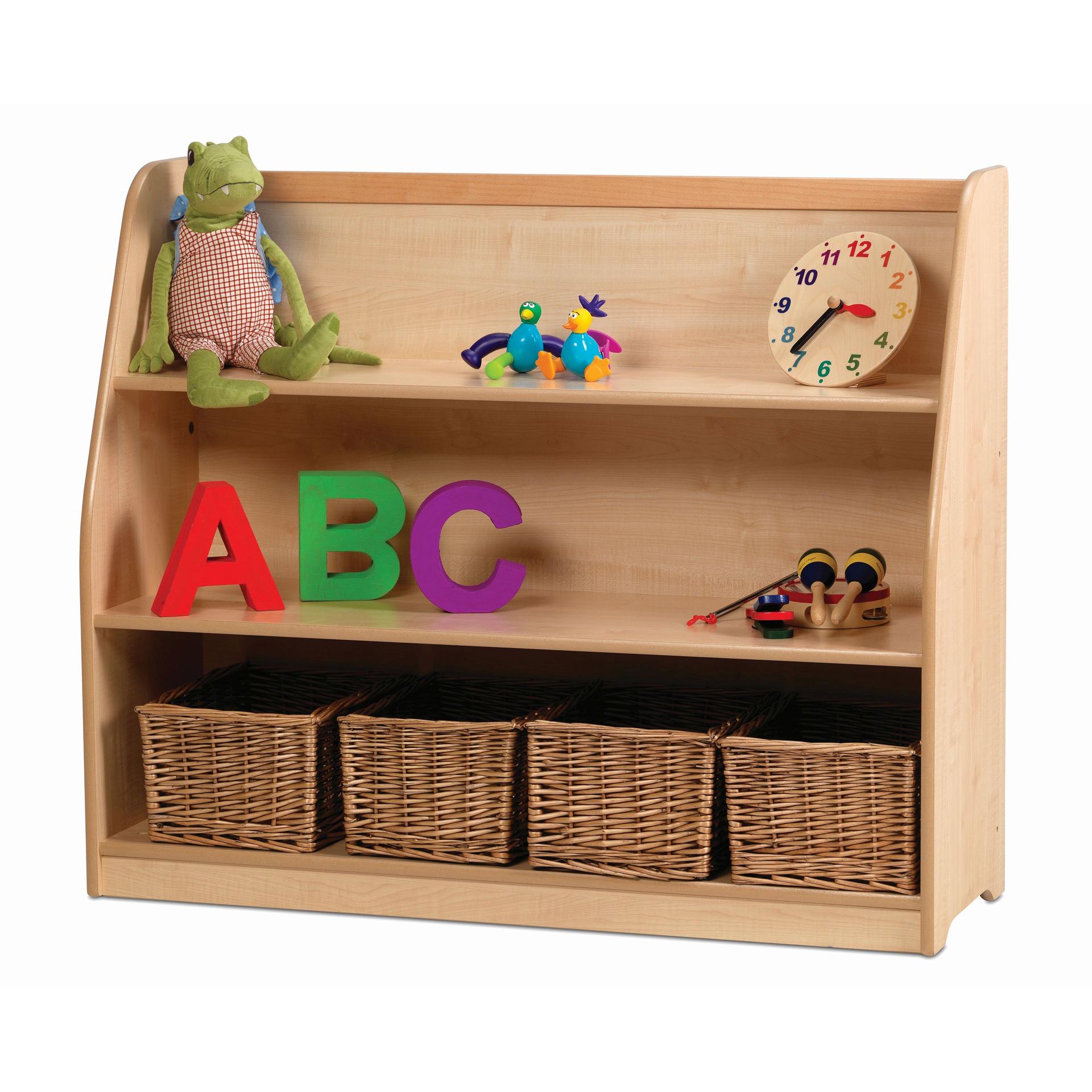 A Large Access Shelf Unit with various toys on its shelves.
