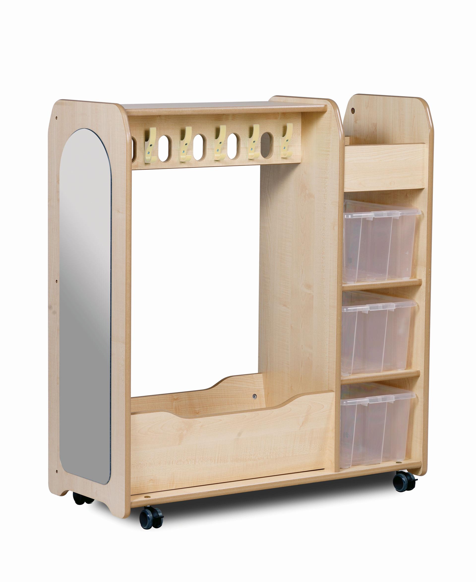 The front of a wooden double sided creative unit, with shelves and clear plastic tubs for storage.