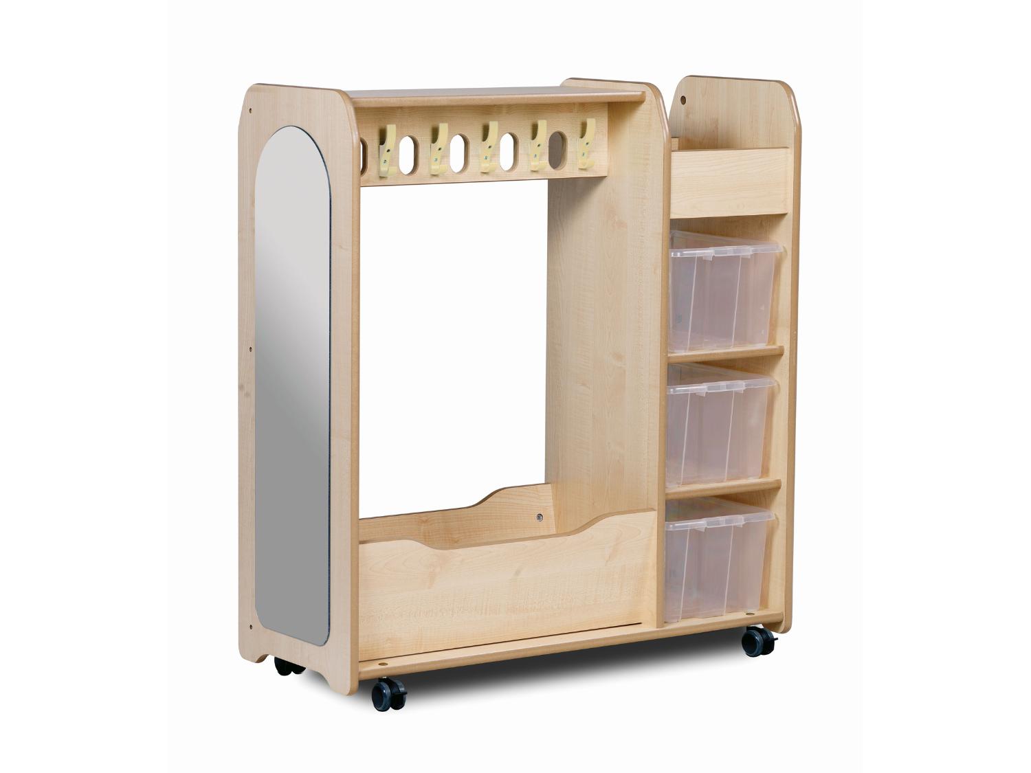 The front of a wooden double sided creative unit, with shelves and clear plastic tubs for storage.