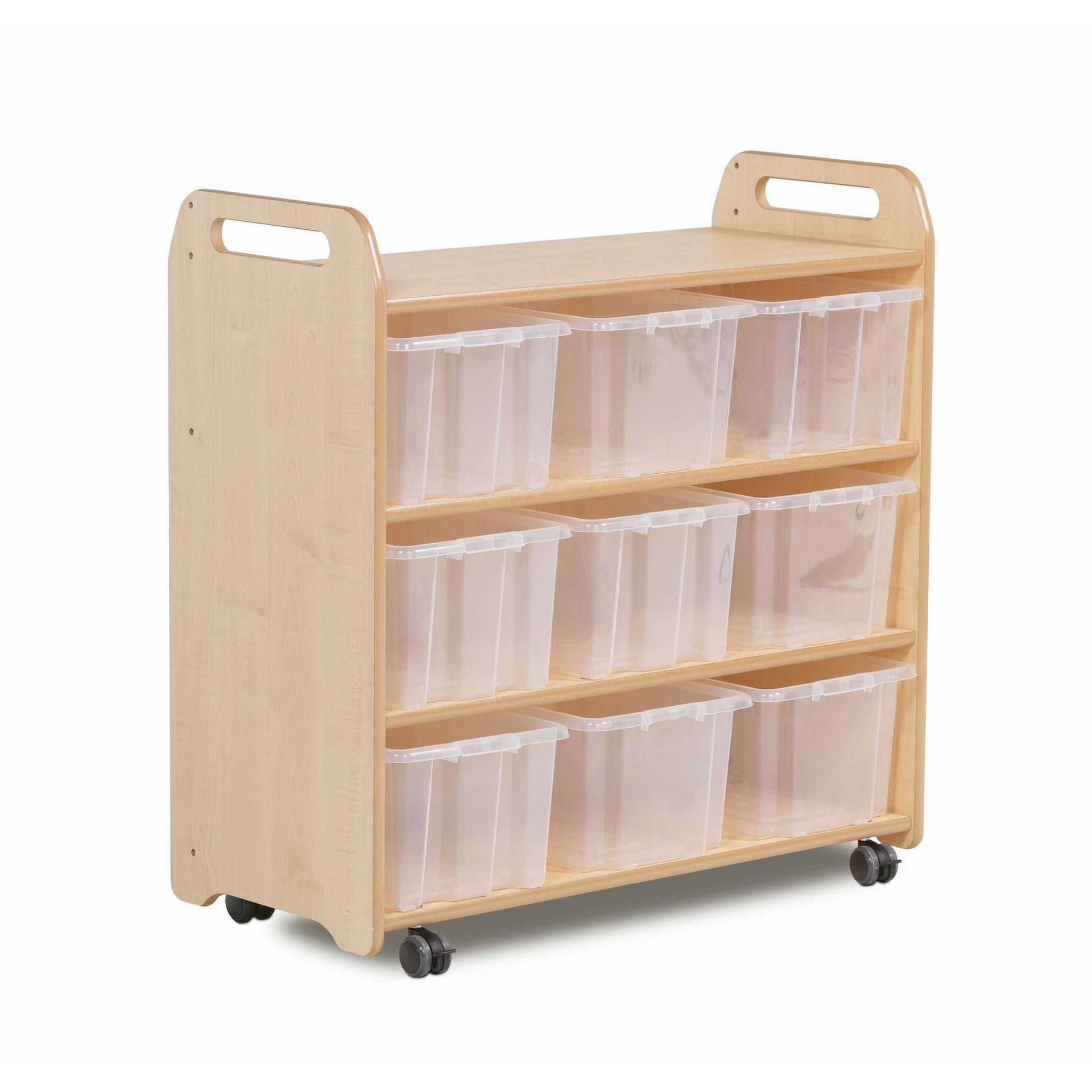 The Mobile Shelf with Mirror Back and 9 Clear Tubs, with a white background.