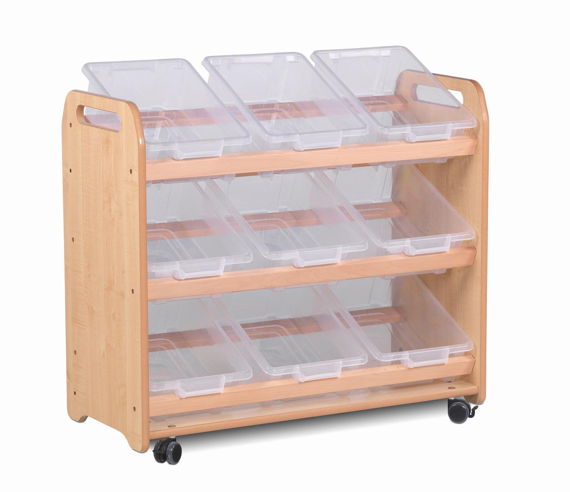 The front of a wooden tile tote storage unit with 9 clear plastic tubs for storage.