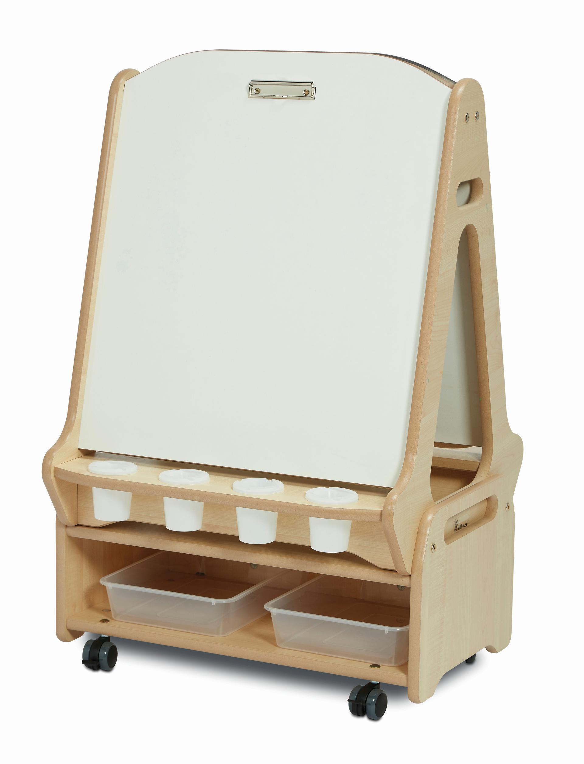 A wooden art easel with a whiteboard and storage tubs underneath, on a white background.