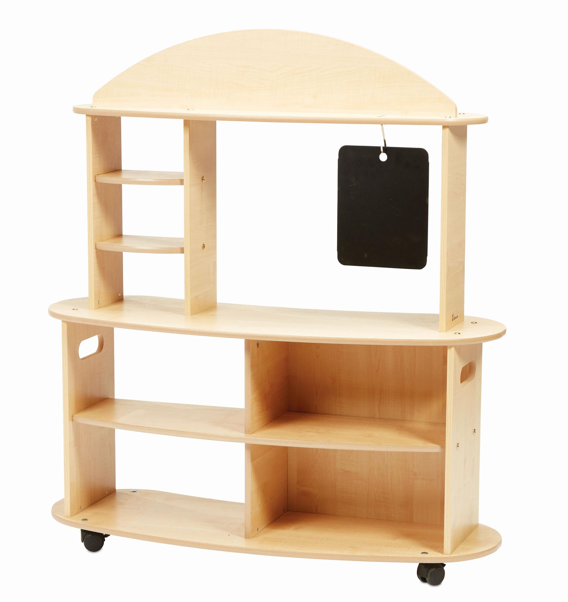 A wooden market-stall on wheels with shelves and a chalkboard, on a white background.