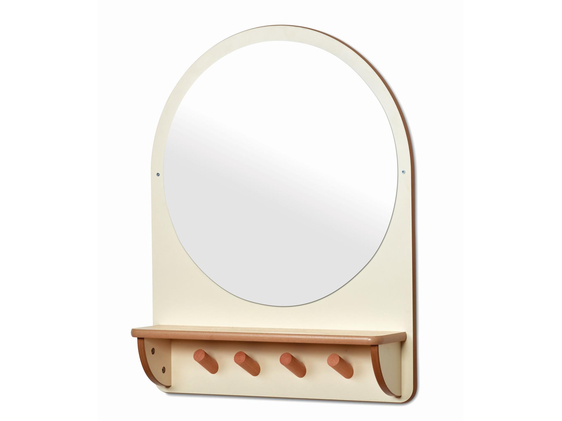 millhouse wall mounted circle mirror with hooks underneath in wooden effect