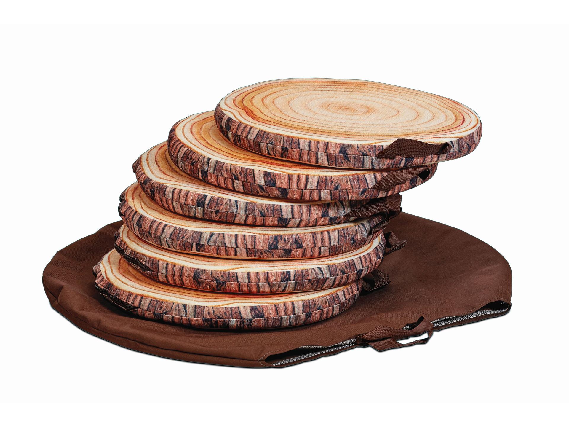 millhouse log style seat pads in a pile with circular bag underneath