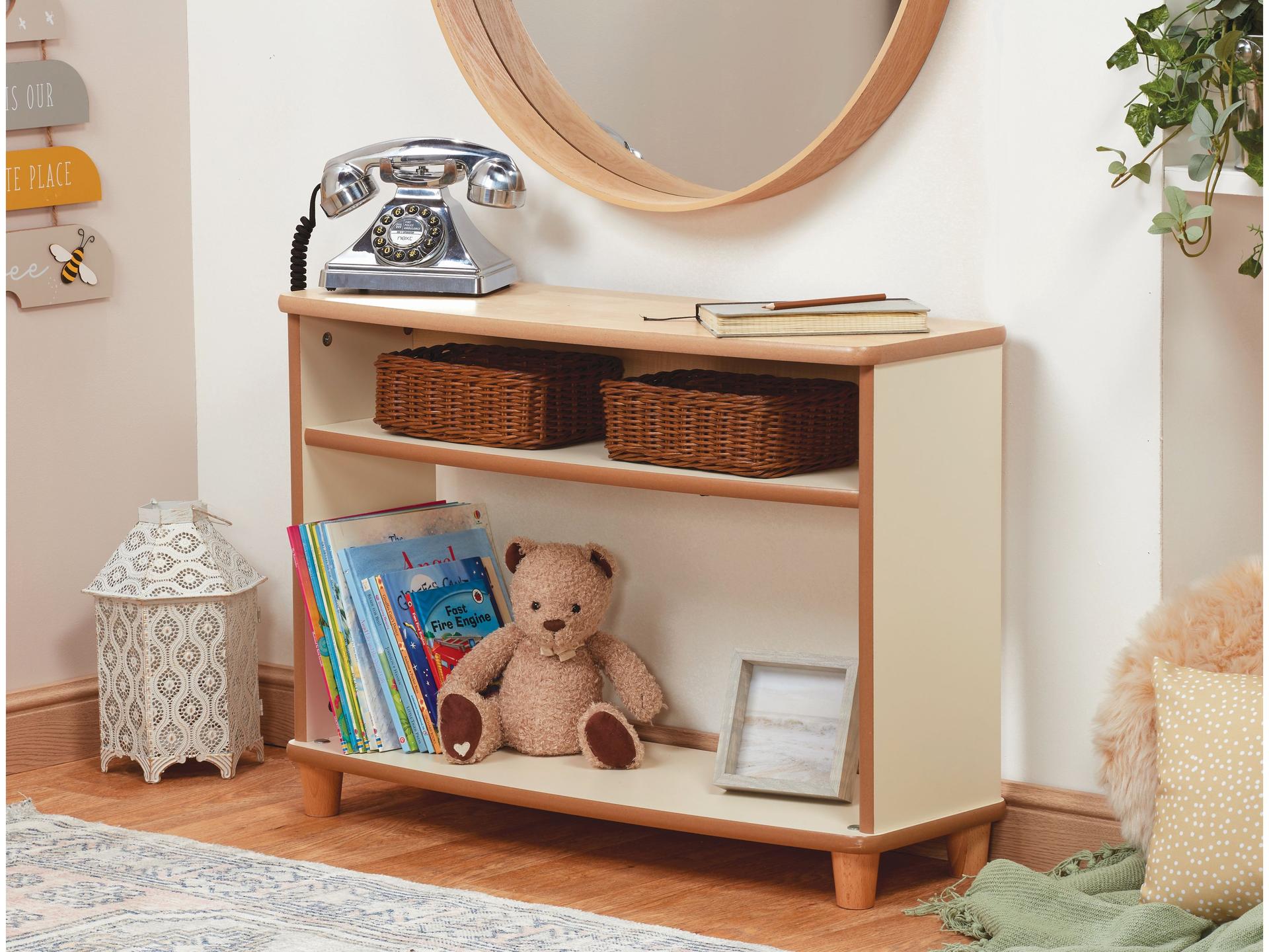 millhouse indoor shelving unit with two baskets on the top shelf and teddy on the bottom shelf