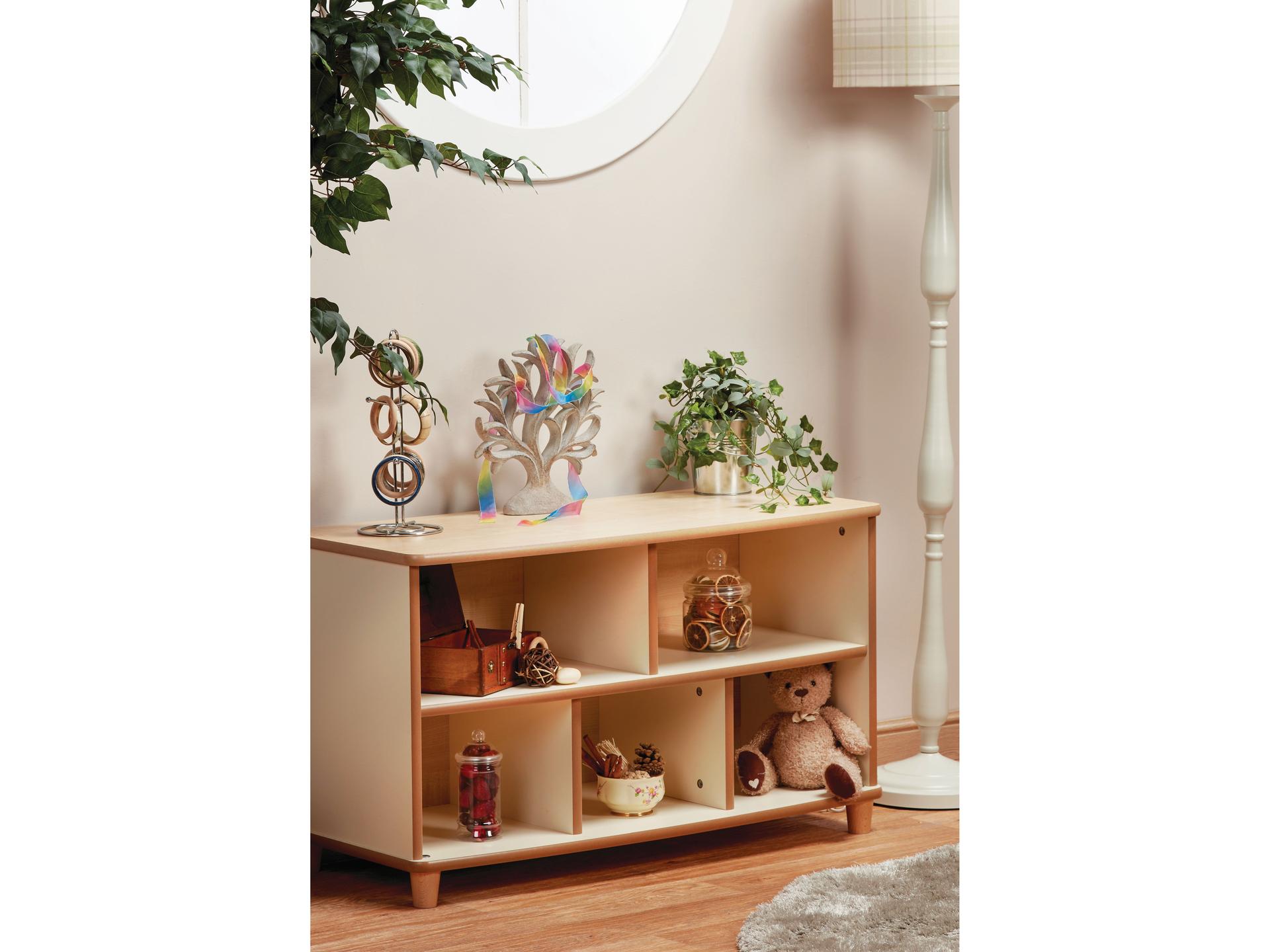 millhouse wooden shelving unit with five compartments and toys in each