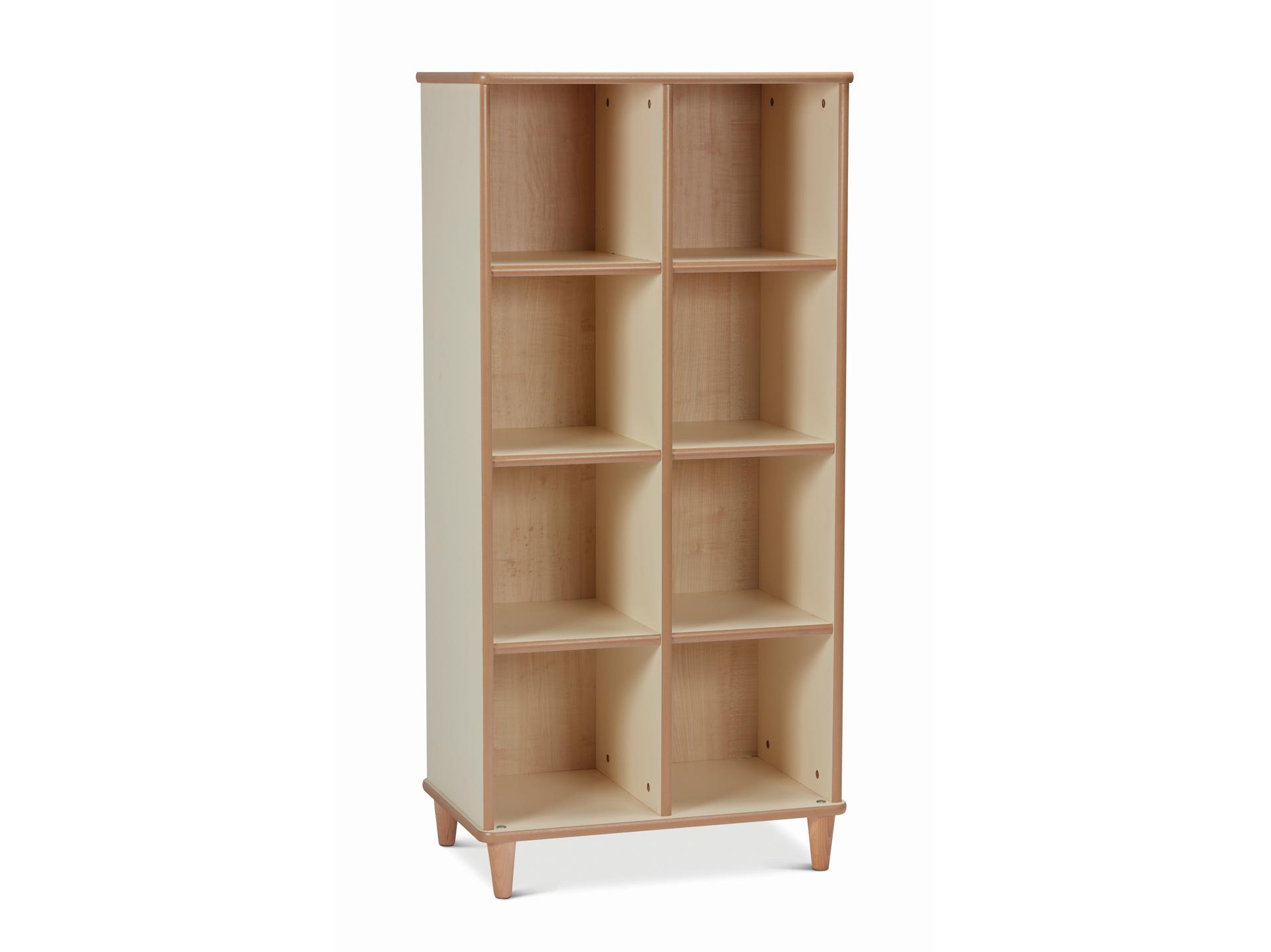millhouse wooden tall storage unit with eight cubed compartments and wooden legs