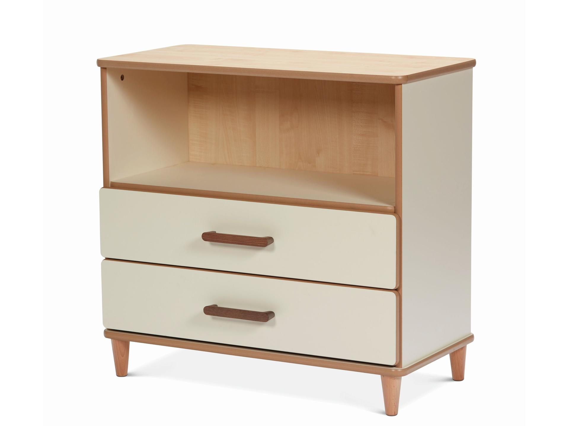 millhouse wooden storage unit with white with wooden details, two drawers, and wooden legs