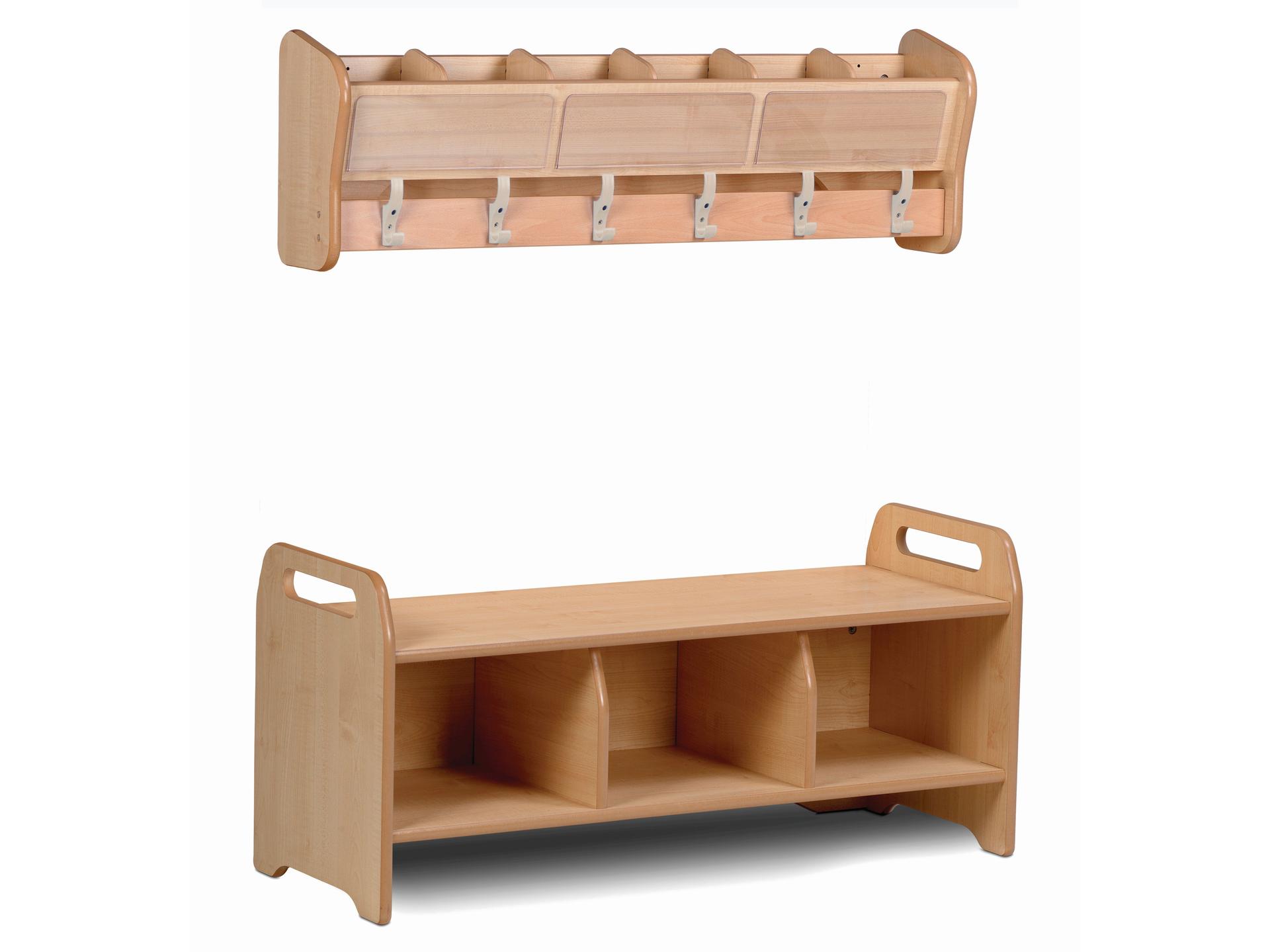 millhouse low shoe storage unit with wall mounted hooks and hat storage for eyfs