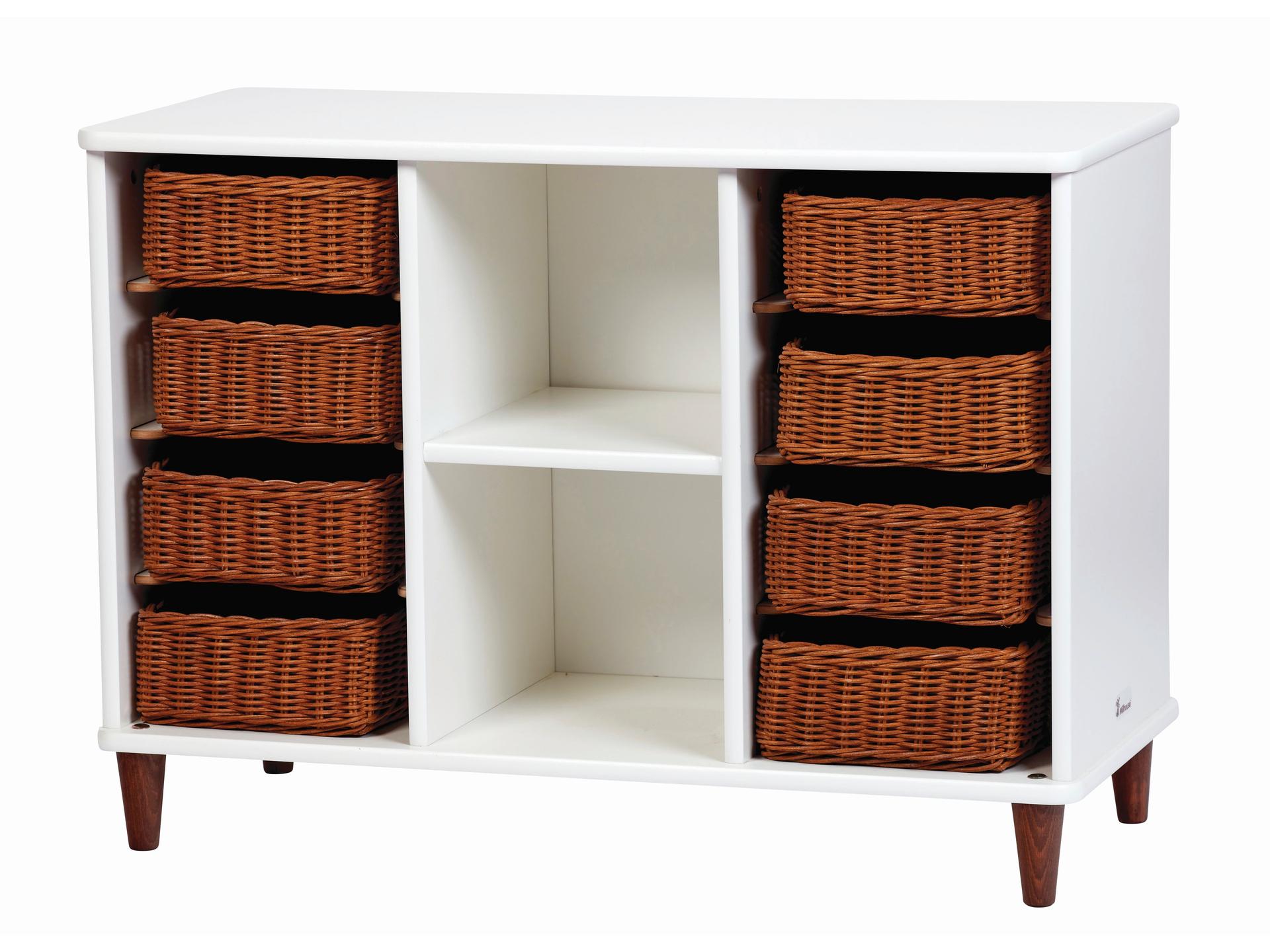 millhouse white storage unit with eight rattan baskets and two cubed shelves