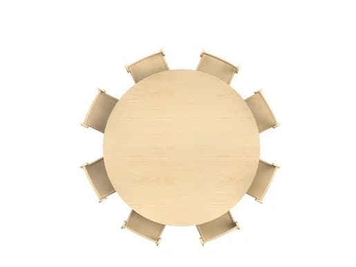 millhouse dining circular table from a birds eye view with eight sturdy chairs