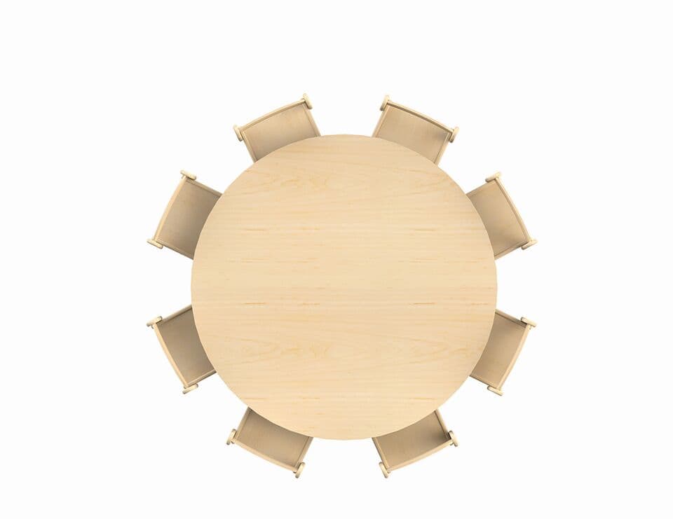 millhouse large wooden circle shaped table with eight chairs