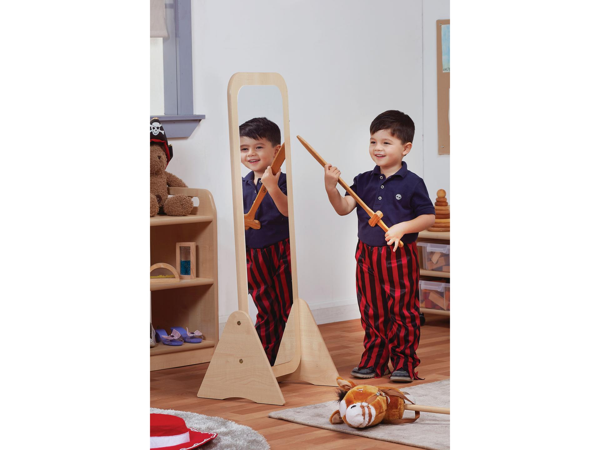 millhouse freestanding mirror with a child looking at his reflection in a role play pirate costume