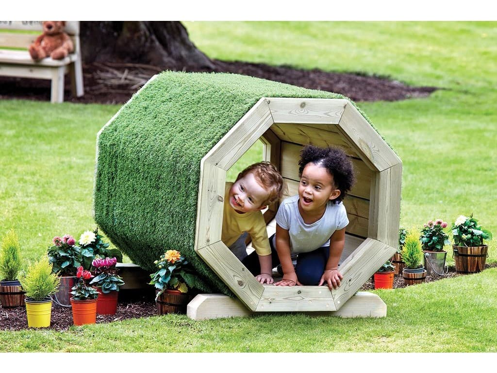 millhouse outdoor wooden crawl tube with children peeking out