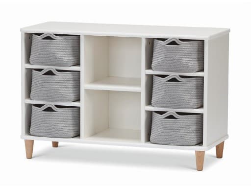 millhouse eyfs white cubed storage with six grey baskets and wooden legs