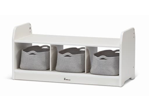 millhouse low white cubed storage with three compartments and three grey storage baskets