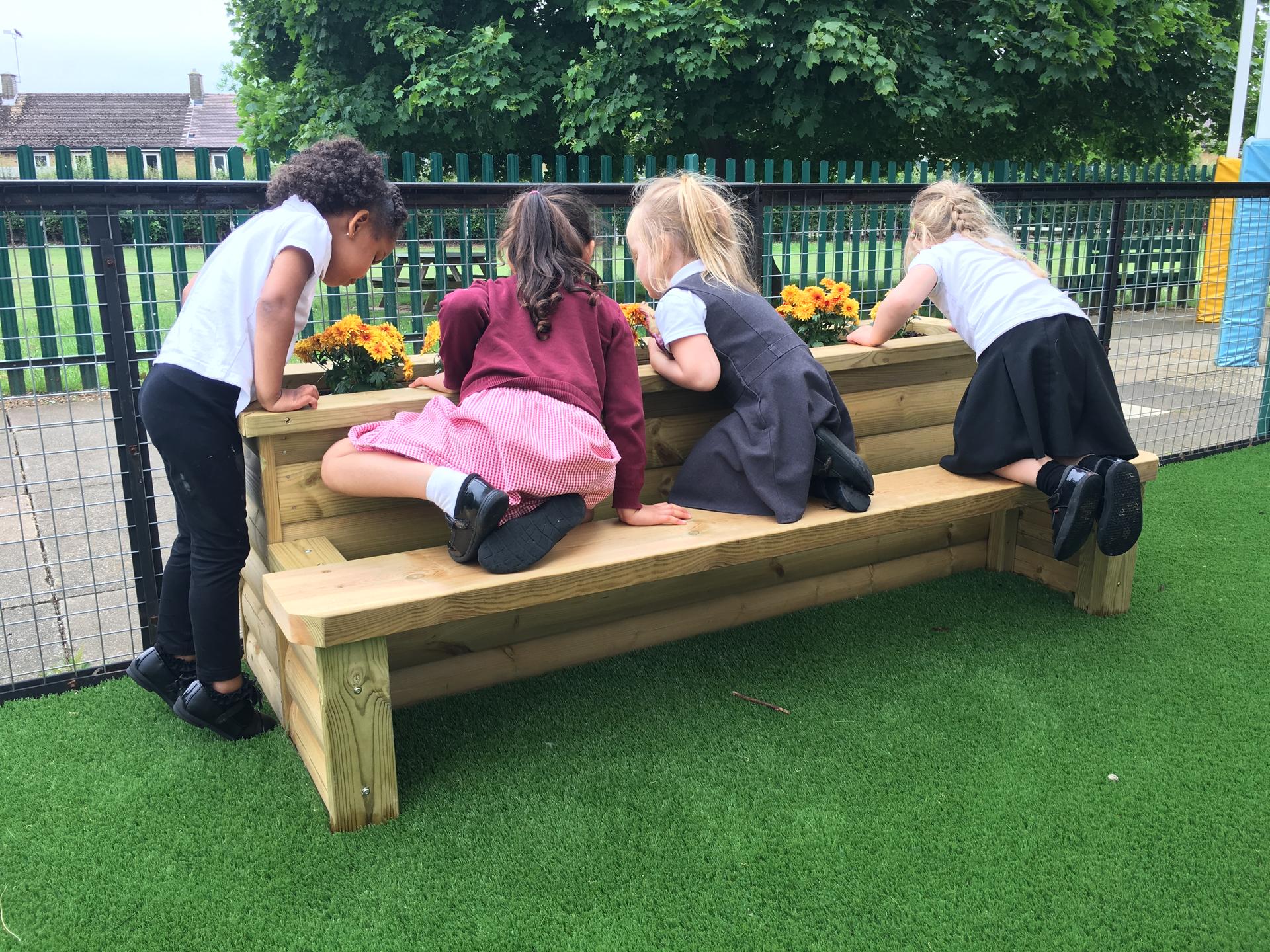 group of children leaning over planter to see the flowers