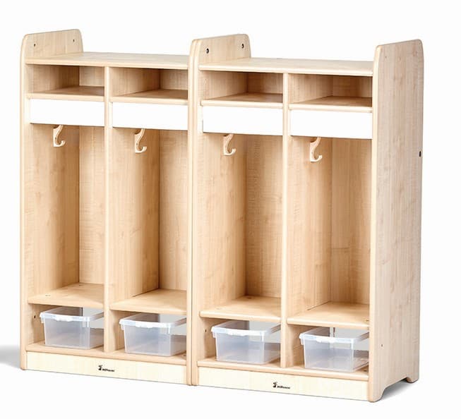 A larger storage unit with four tubs and eight hooks. Bright colors. Children can hang clothes and put away their things.
