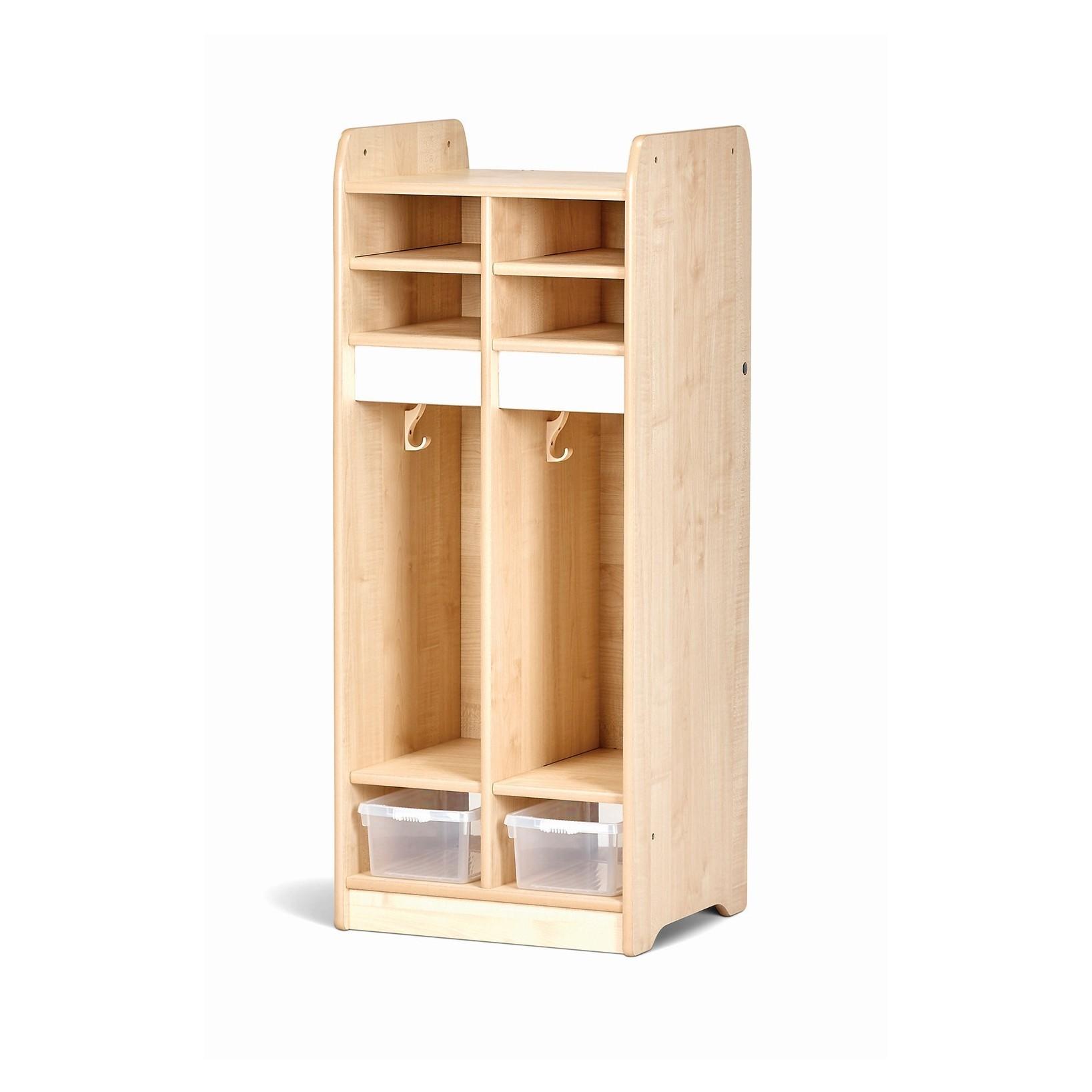 Two-tub unit with four hooks. Wipe-clean panel. Small and low for toddlers to use themselves.