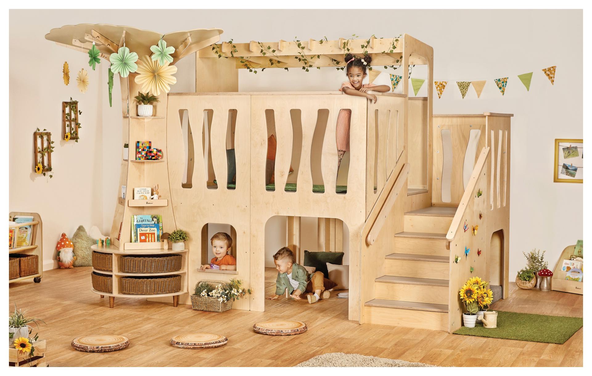 Wooden loft with two levels, small shelves, and hideaway spaces. Safe for climbing.