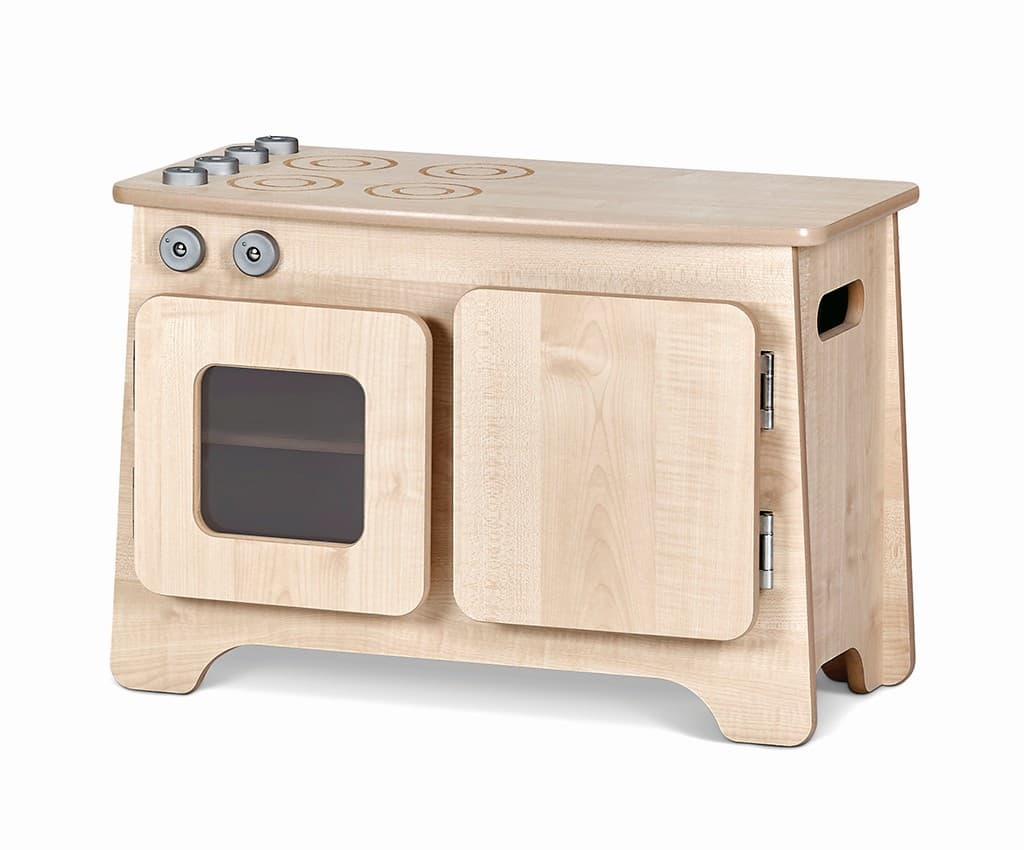 Child-sized play oven and fridge. Doors open. Knobs can be turned.