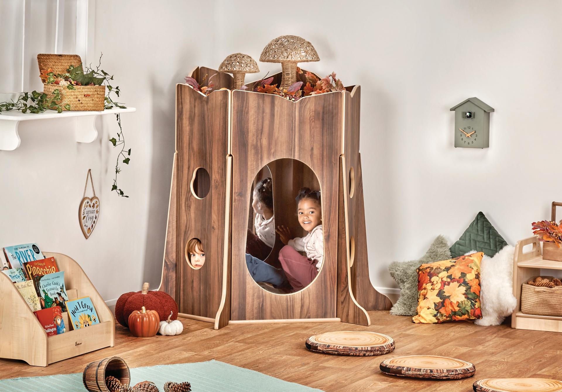 Small cozy hideout shaped like a tree trunk. Open front, safe corners.