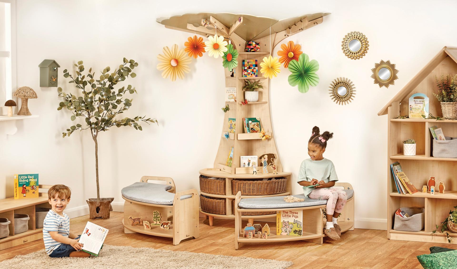 Set of wall trees with hooks, shelves, and seats. Children can read, tell stories, or play together.