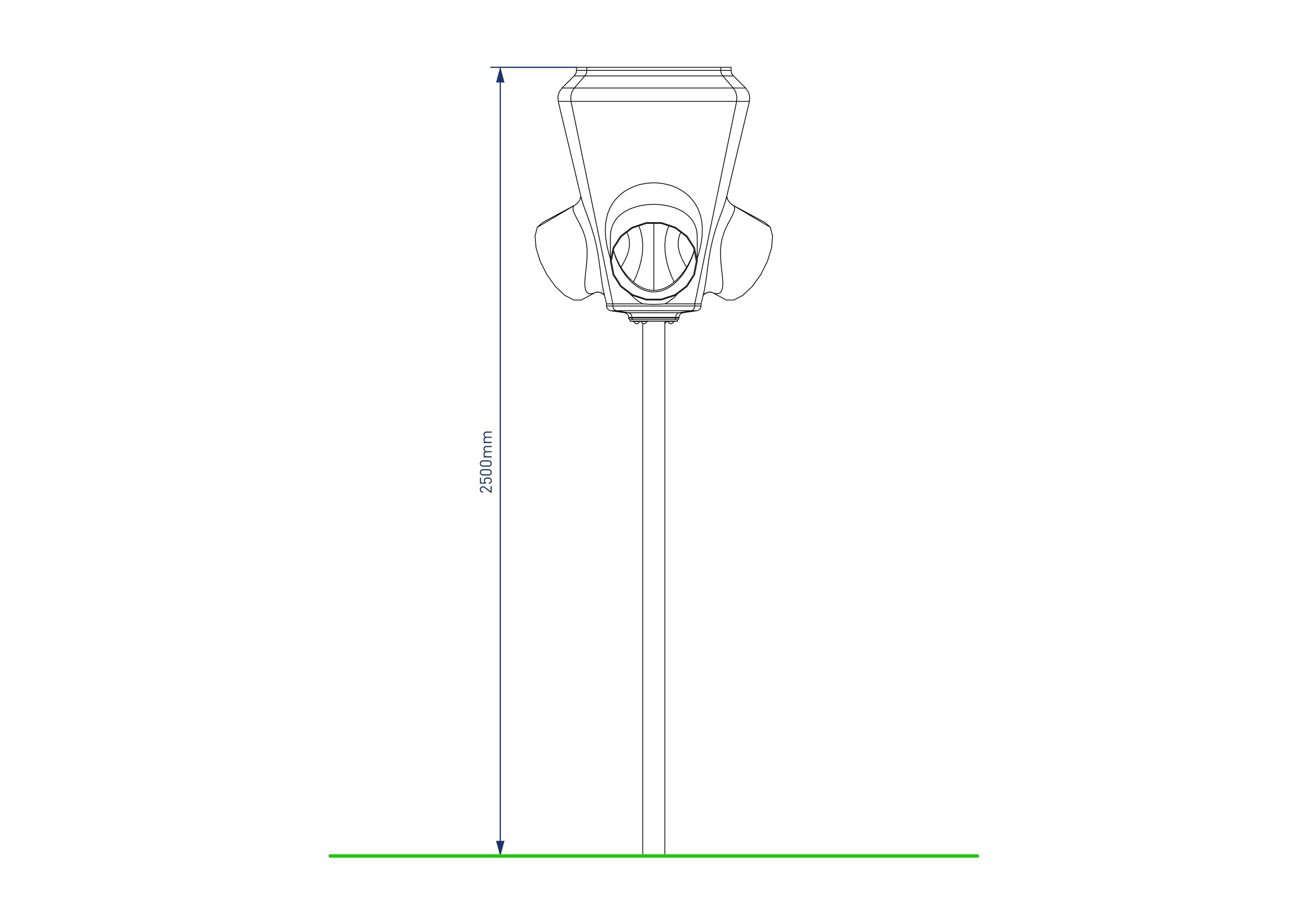 A 2D drawing of the 3-Way Ball Shoot from a side perspective, showcasing the height of the play equipment.