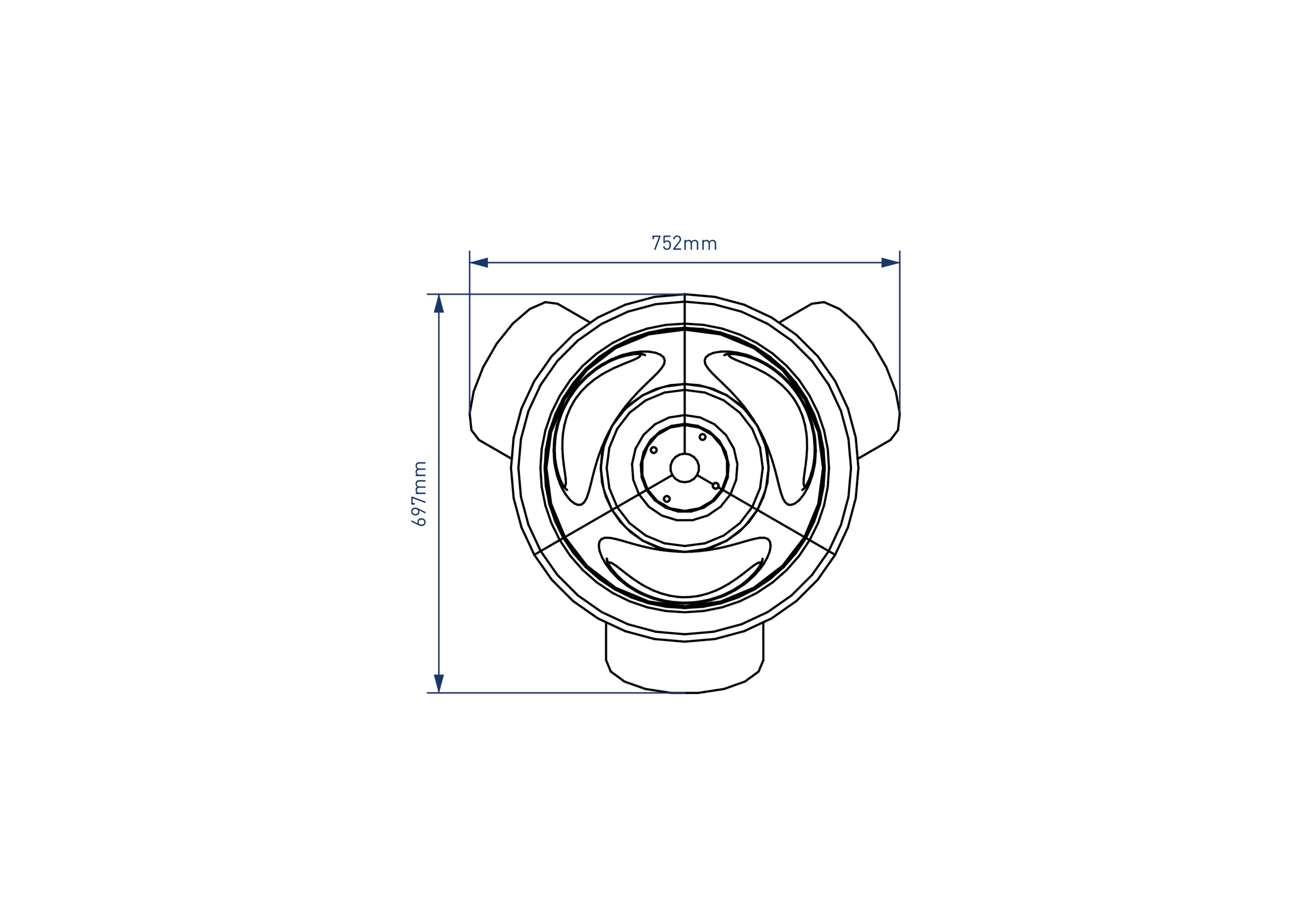 A 2D drawing of the 3-Way Ball Shoot from above, showcasing the insides of the shoot and the width and length of the equipment.