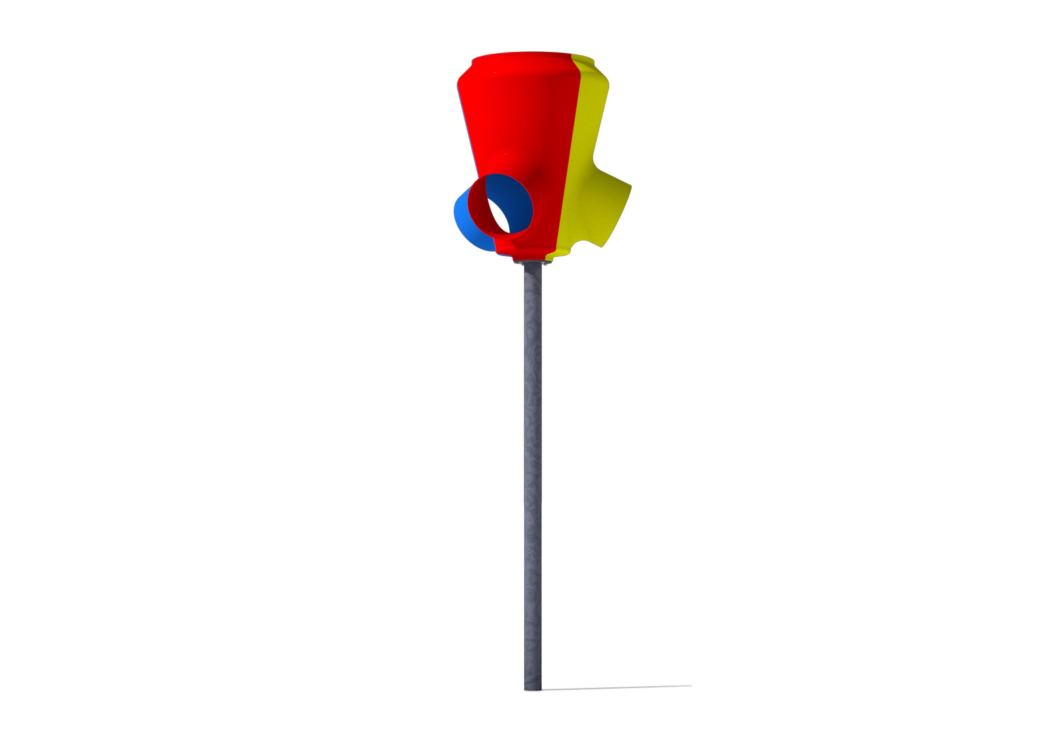 A 3D render of the 3-way ball shoot, showcasing the red, yellow and blue colour scheme.