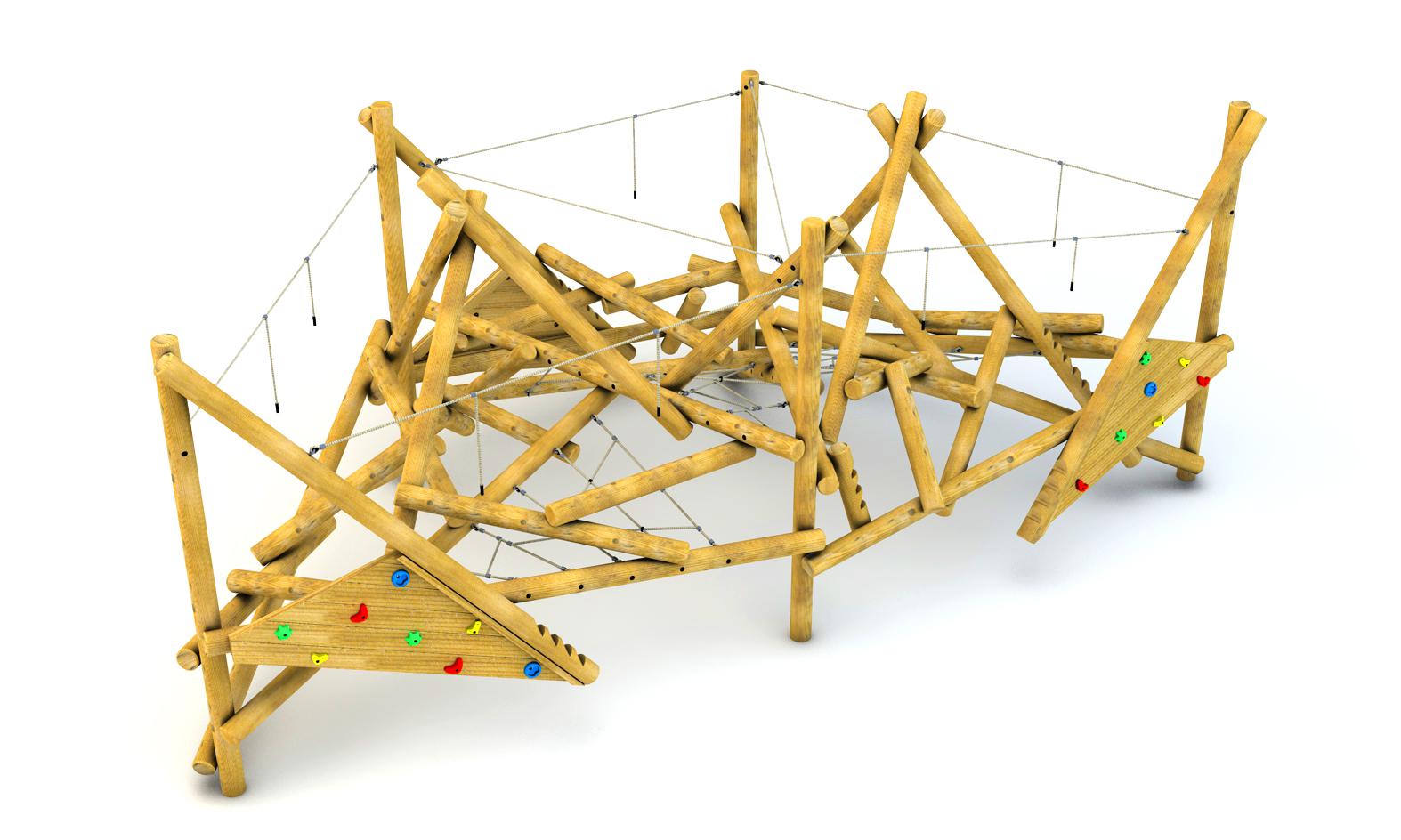 Wooden Crinkle Crags climbing frame in a school playground.
