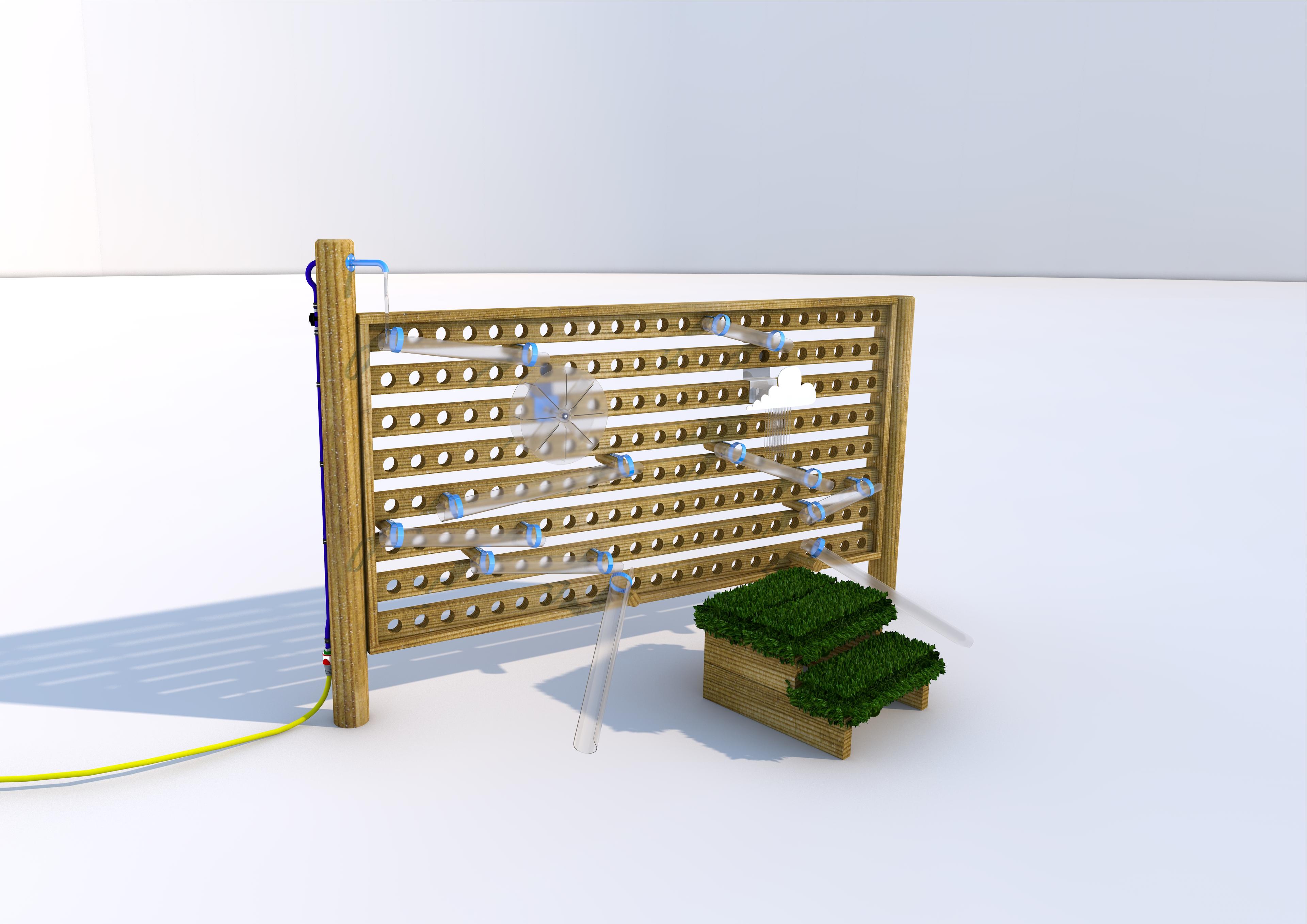 A 3D render of the Water Wall with Spout and Steps from the front on a white floor and background.