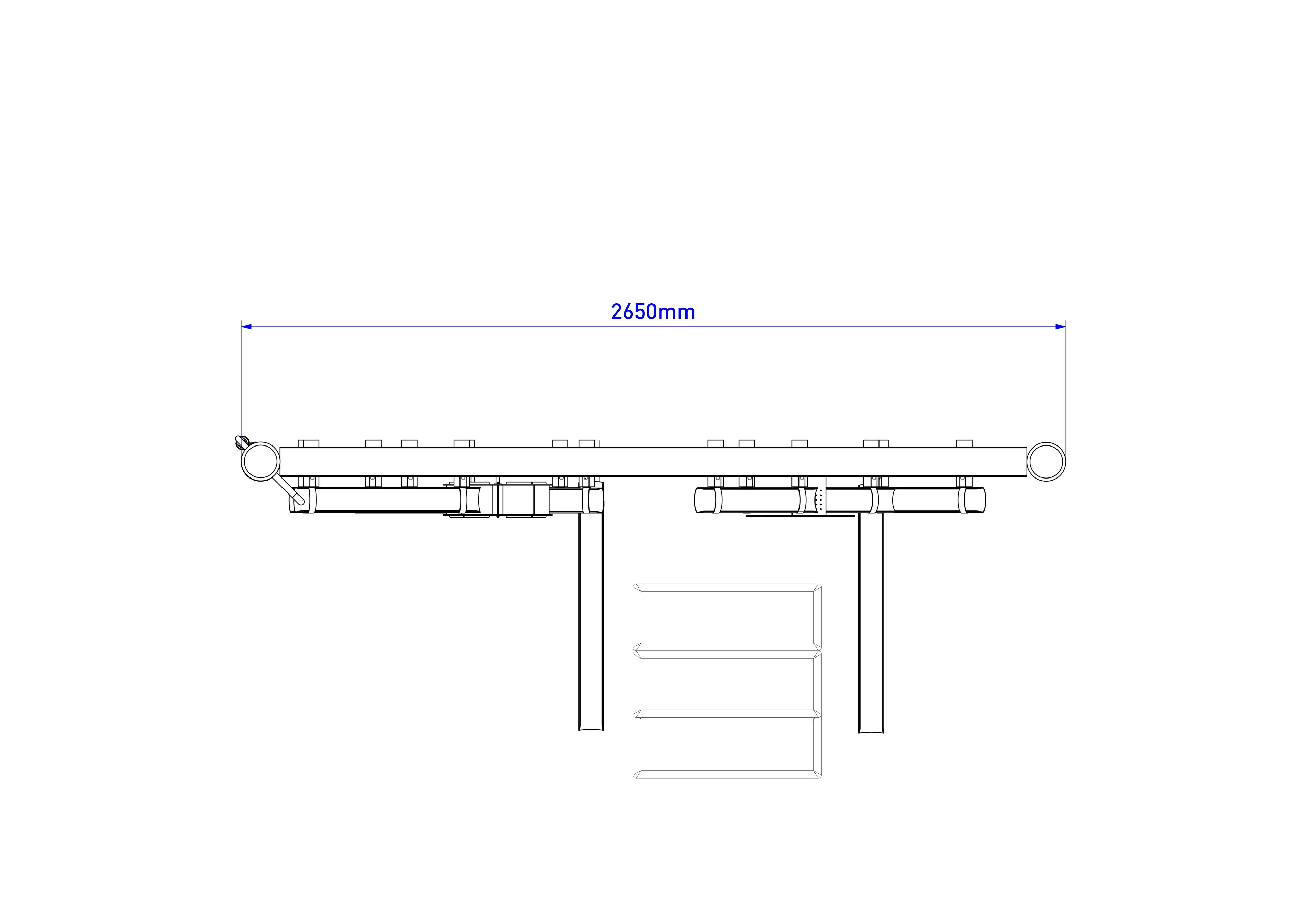 A 2D drawing of the Water Wall with Spout and Steps from above, showcasing the width of the equipment.