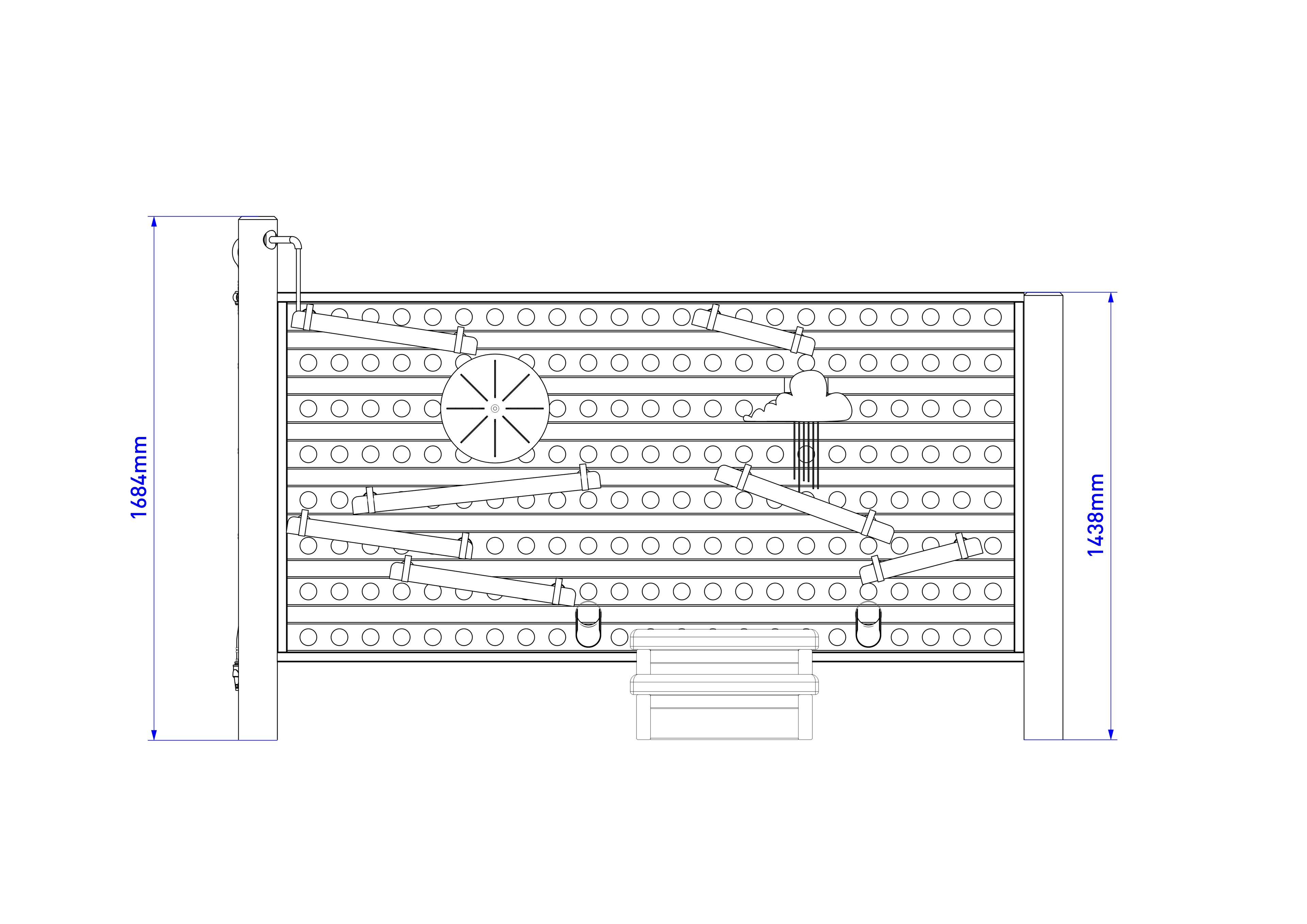 A 2D drawing of the Water Wall with Spout and Steps from the side, showcasing the height of the equipment.