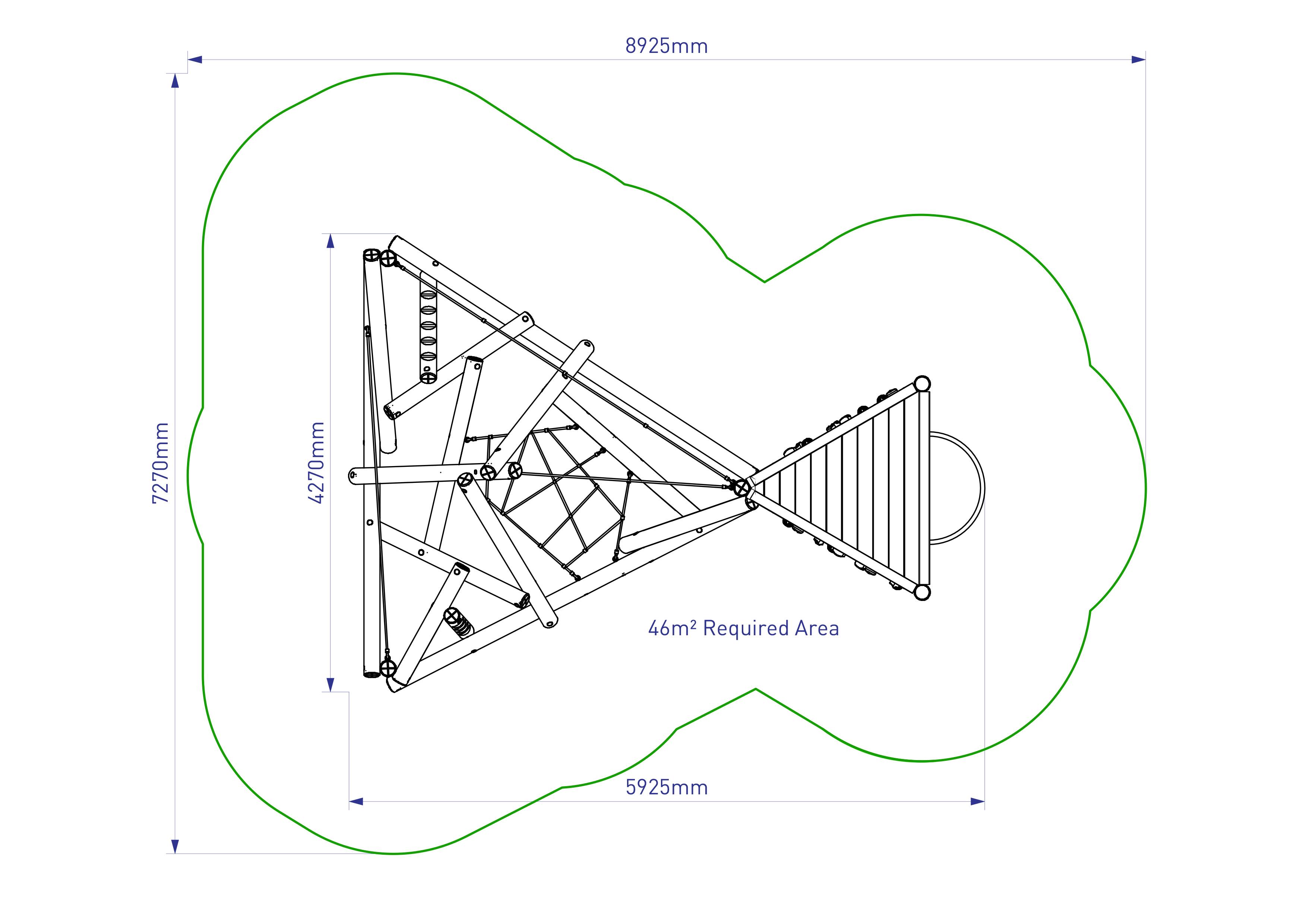 A 2d drawing of the Bowfell Climber with Platform and Fireman's Pole from above, with a green line showing how much safety surfacing should be installed.