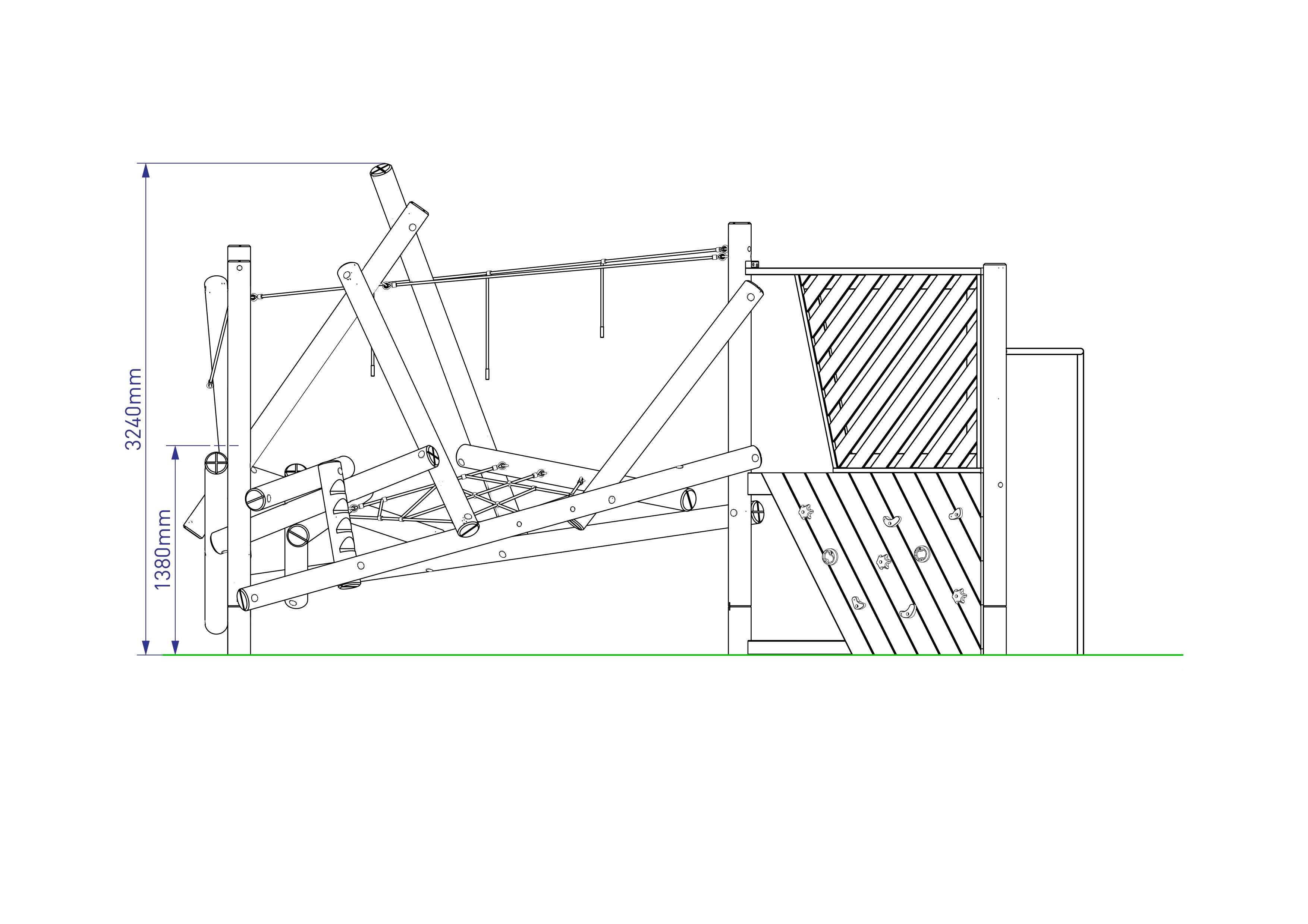 A 2d drawing of the Bowfell Climber with Platform and Fireman's Pole from the side, showcasing it's size.