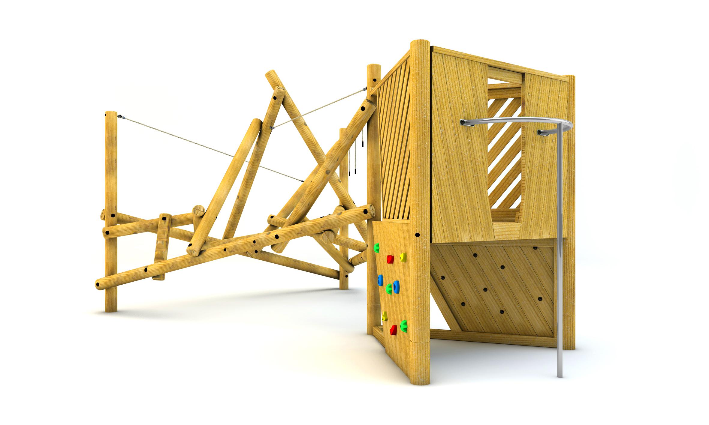 A 3D visualisation of the Bowfell Climber with Platform and Fireman's Pole that showcases the platform and part of the climbing frame.