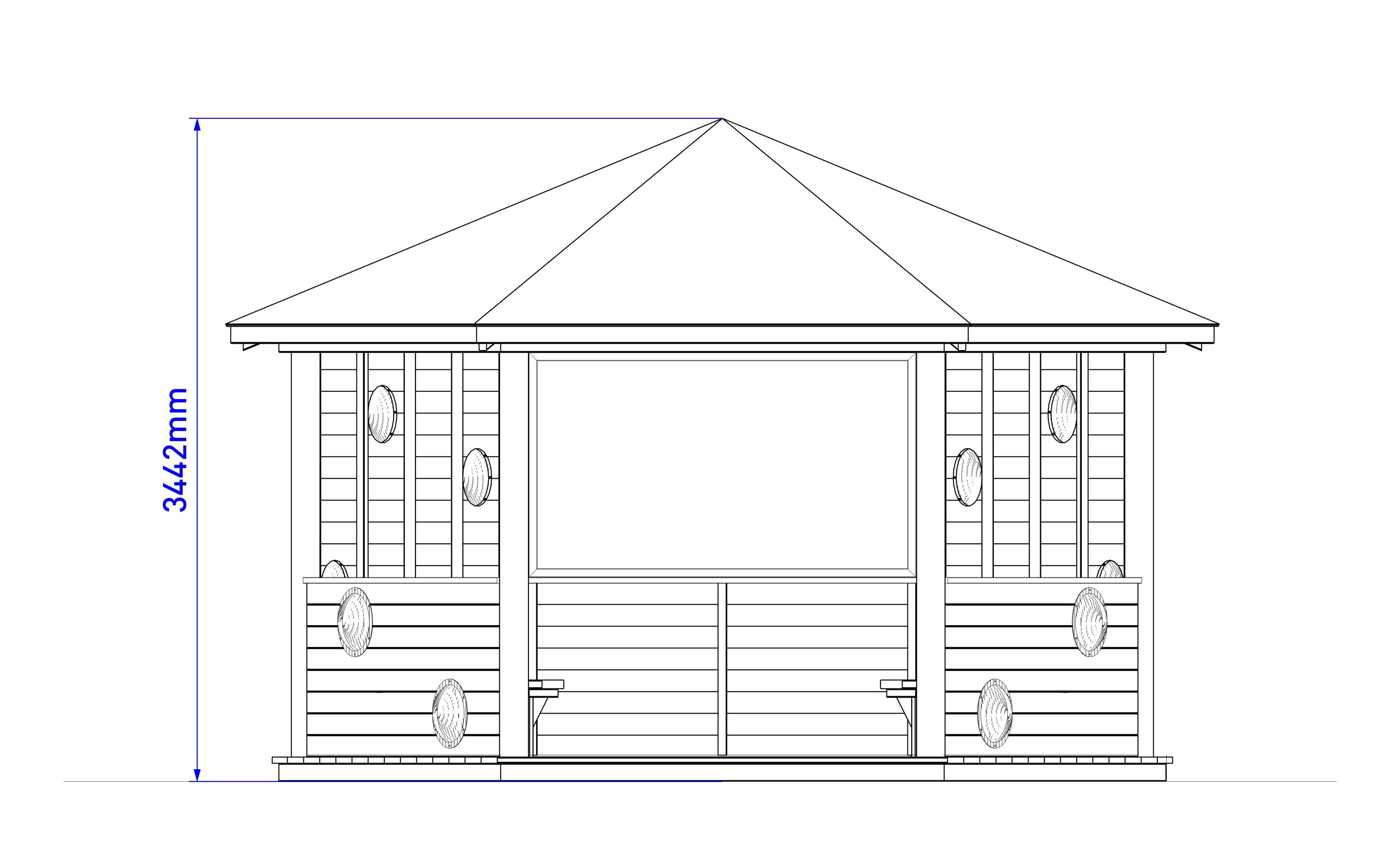 A technical drawing showing the measurements of the Sensory 5M Hexagonal Gazebo
