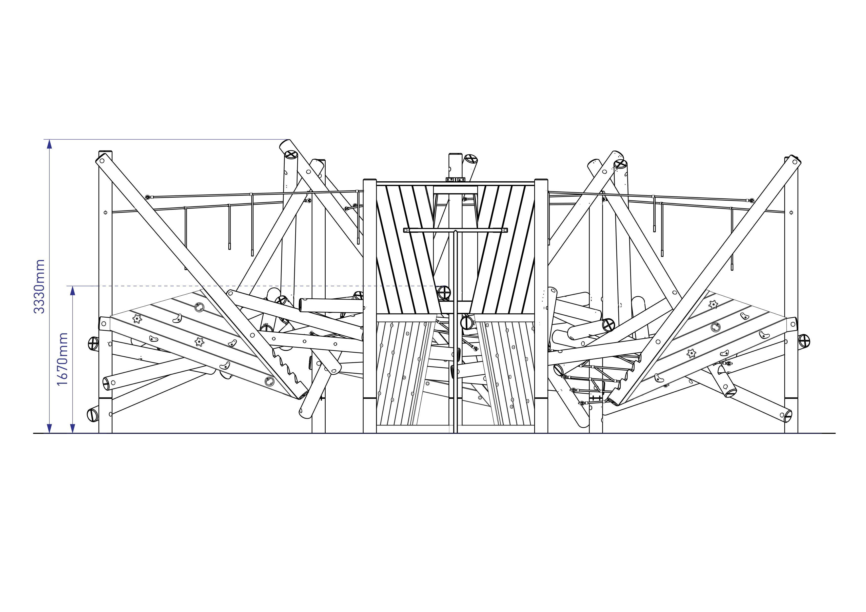 A 2D drawing of the Crinkle Crags Climber with Platform and Fireman's Pole from the side, showcasing the measurements of the climbing frame.
