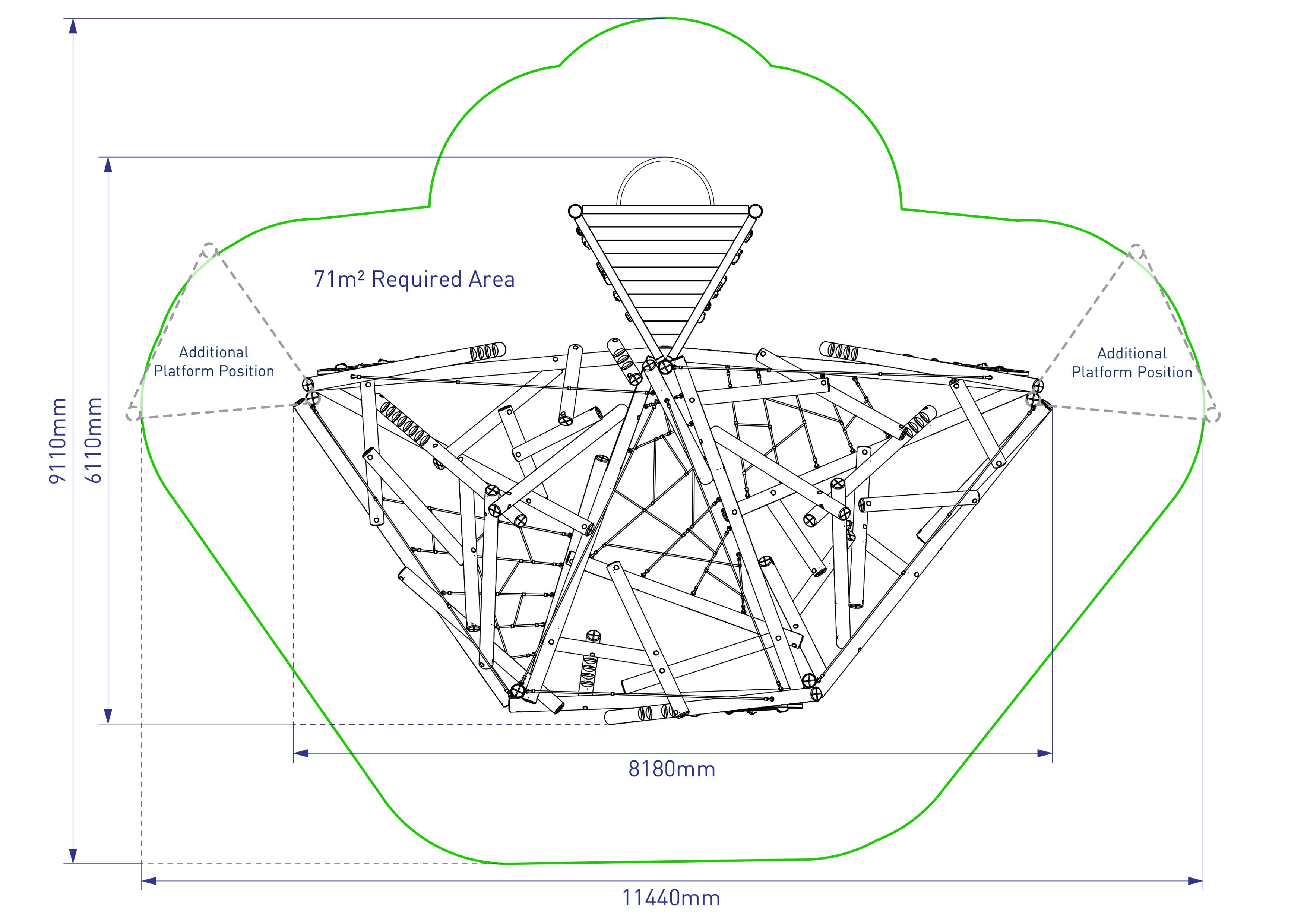 A 2D drawing of the Crinkle Crags Climber with Platform and Fireman's Pole from above, showcasing measurements of the structure.