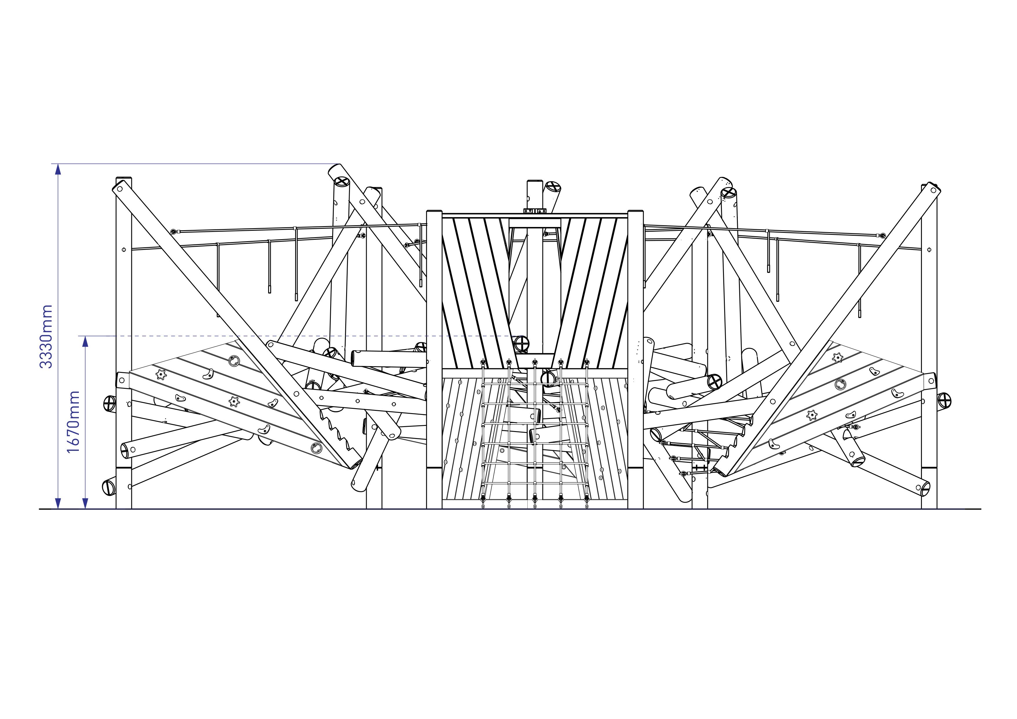A 2D drawing showcasing the Crinkle Crags Climber with Platform and Climbing Net, with the measurements listed on the side.