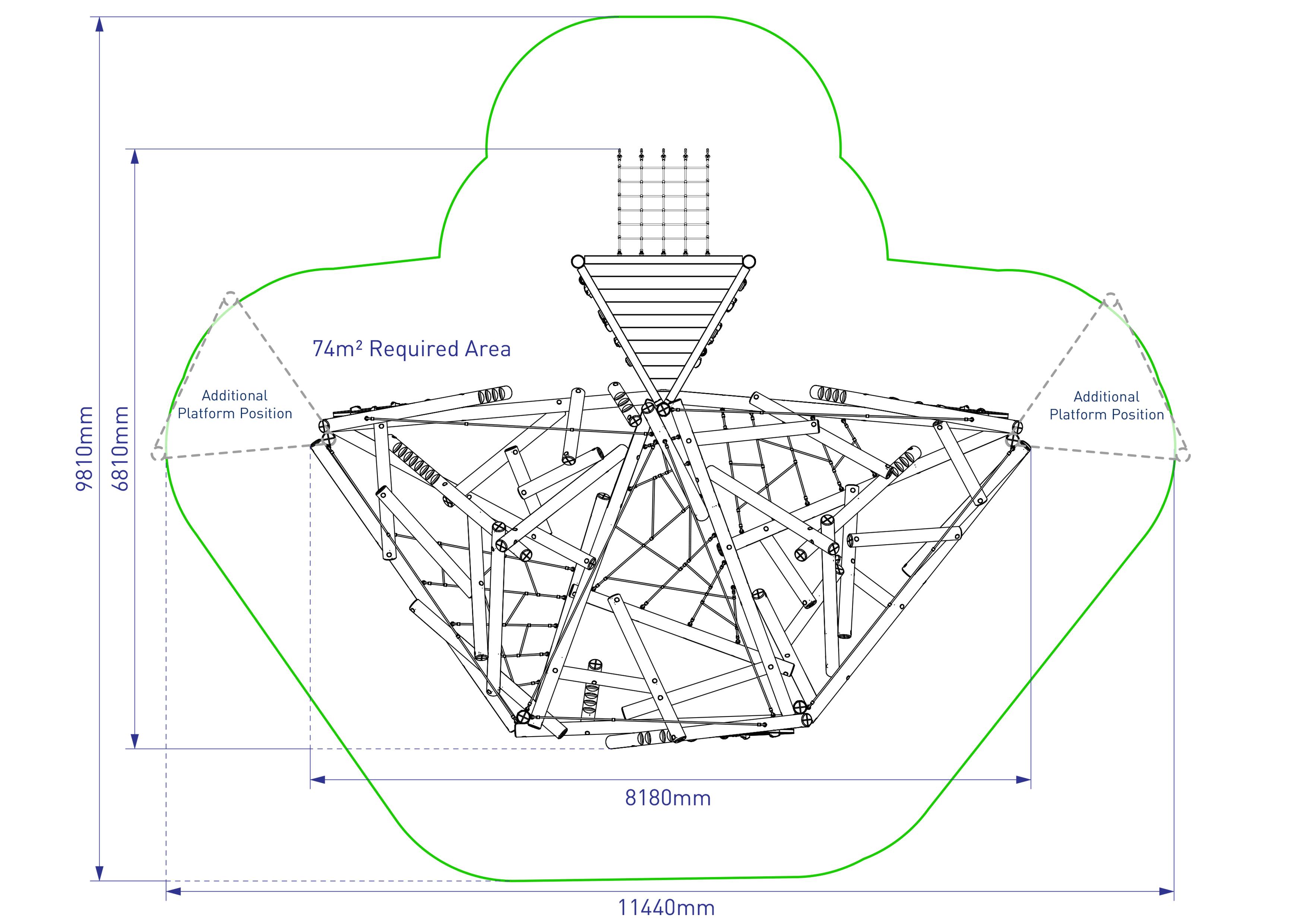 A 2D drawing of the Crinkle Crags Climber with Platform and Climbing Net from above. Measurements can be seen from the side.